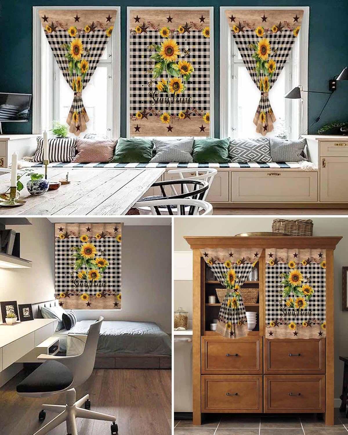 Sunflower Plaid Self Adhesive Portable Curtains for Windows