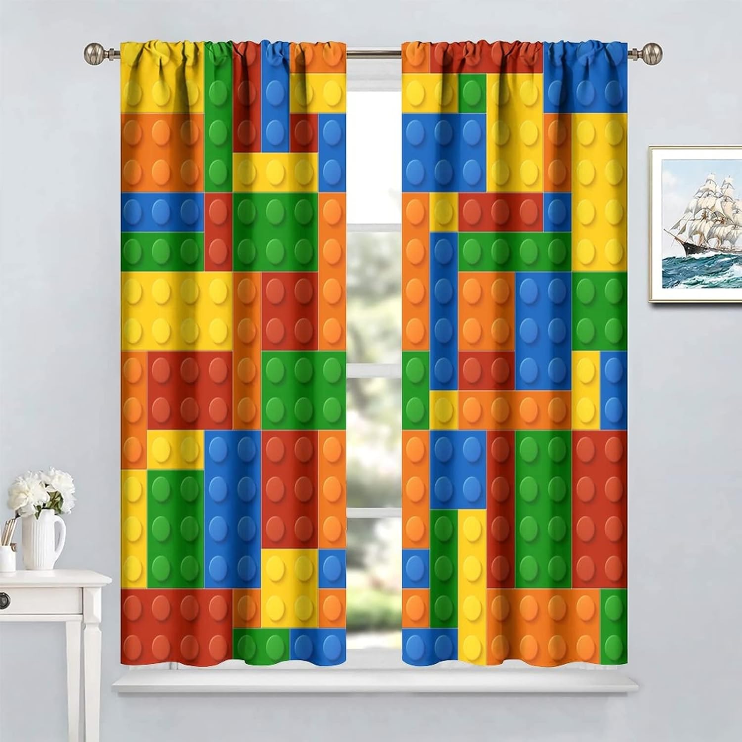 Colorful Building Blocks Toy Curtains with Rod Pocket