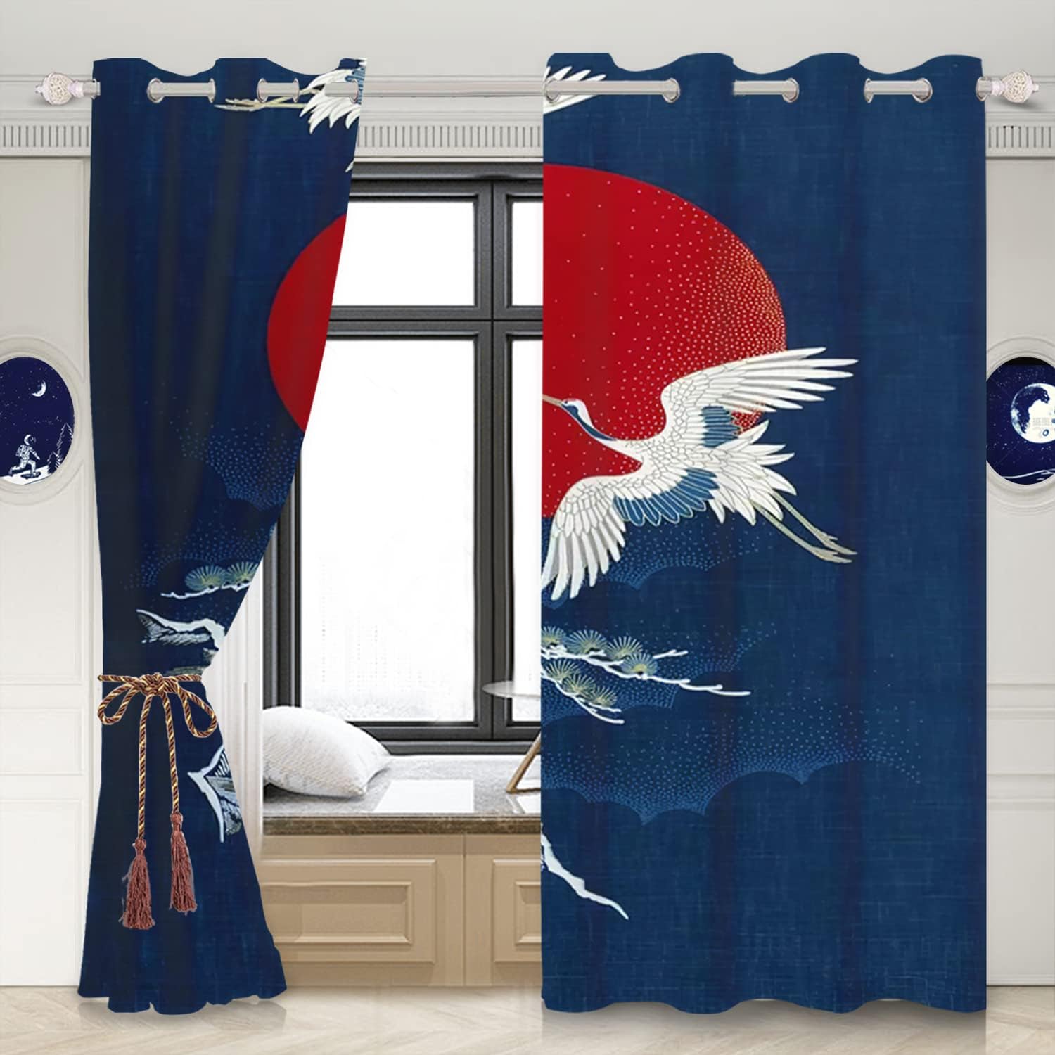 Umpoo Flying Cranes Red Full Moon Printed Curtains 2 Panel Set