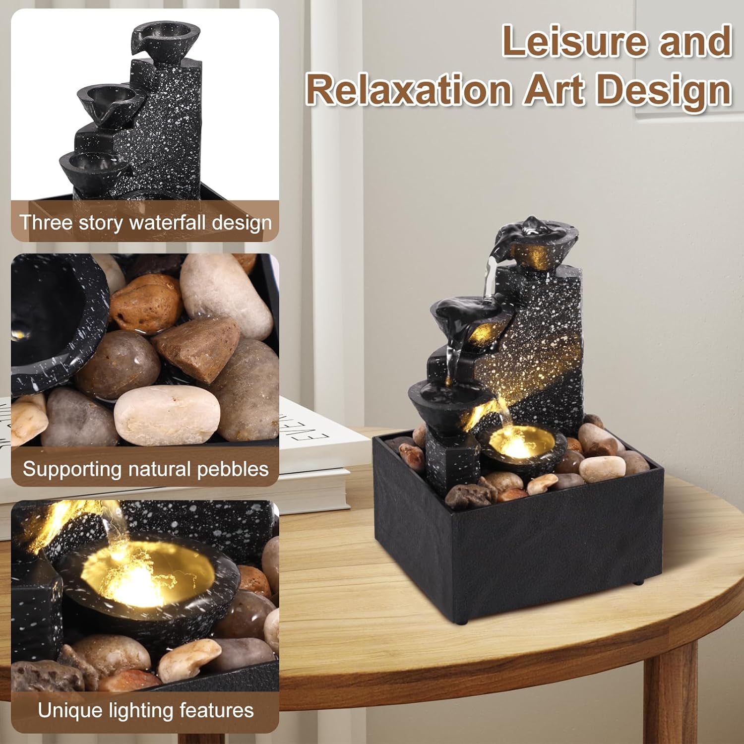 Tabletop Waterfall Decor with Soft Lights and Flowing Water