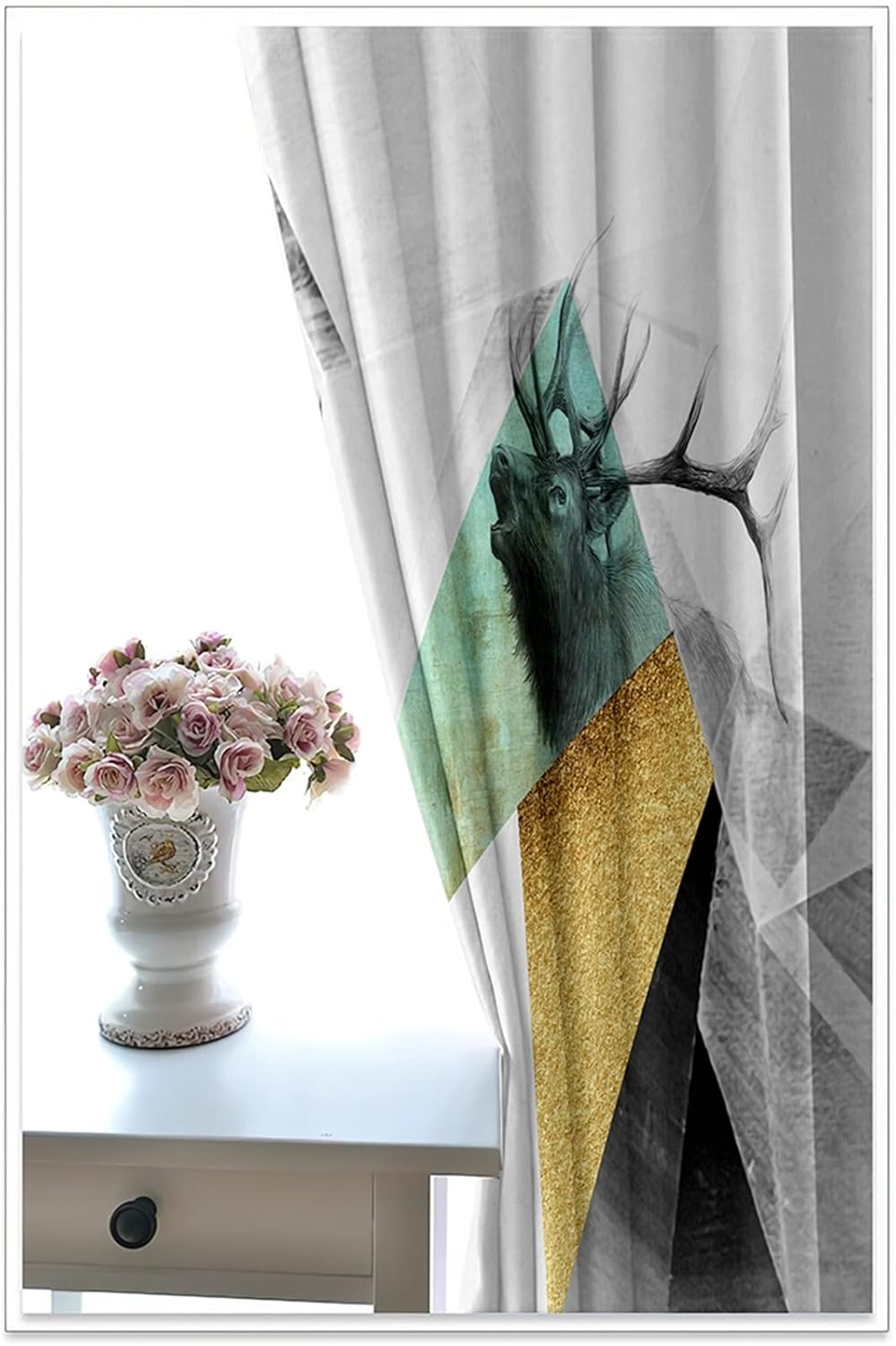 White Long Curtains with Deer Geometry Design 104 x 63