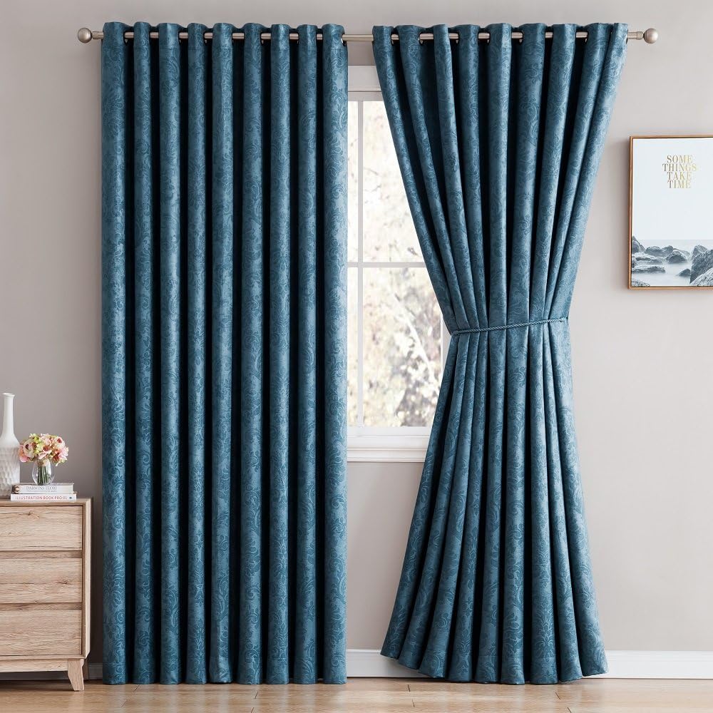 Blue Teal Embossed Wall to Wall Room Divider Curtains with Tie-Backs