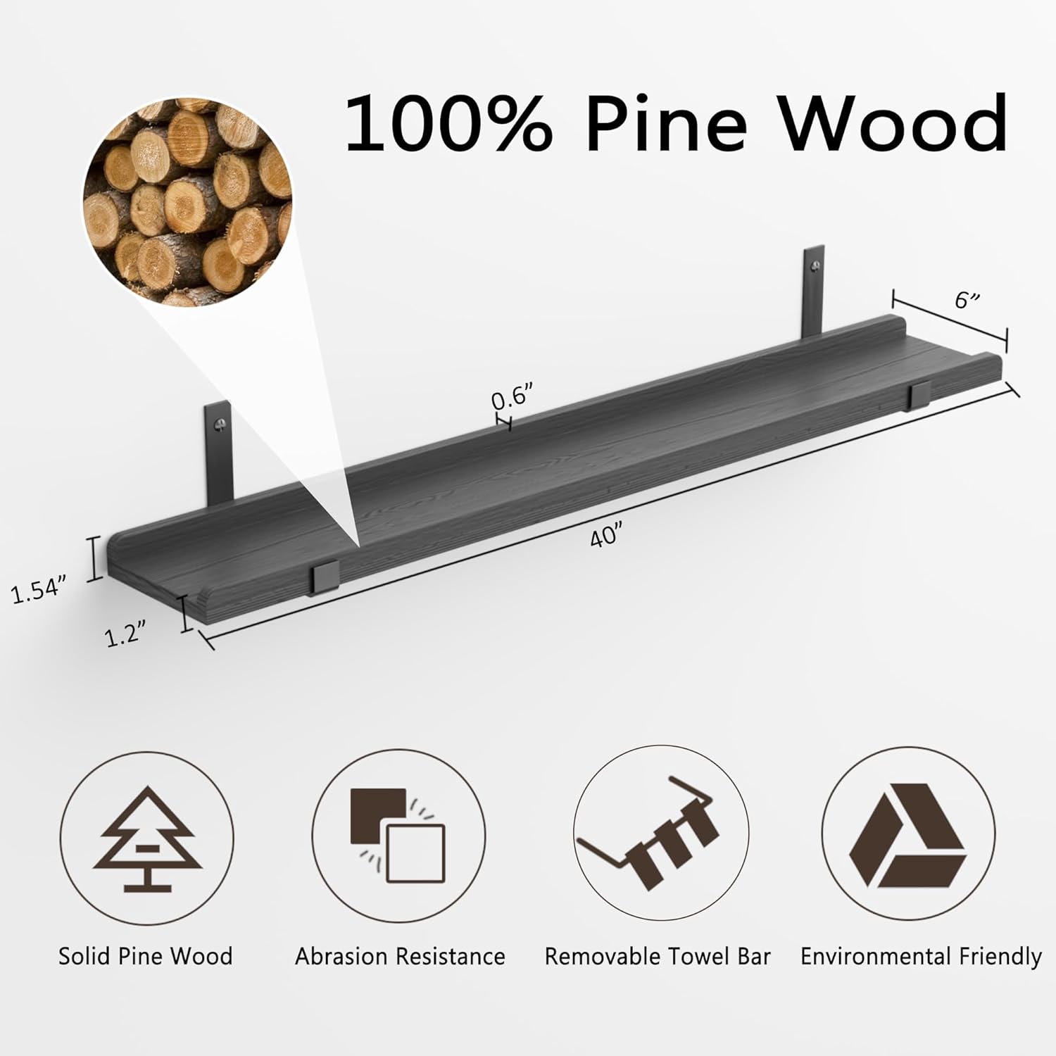 Ecowillon 40 Inch Black Floating Shelves with Lip Set of 2