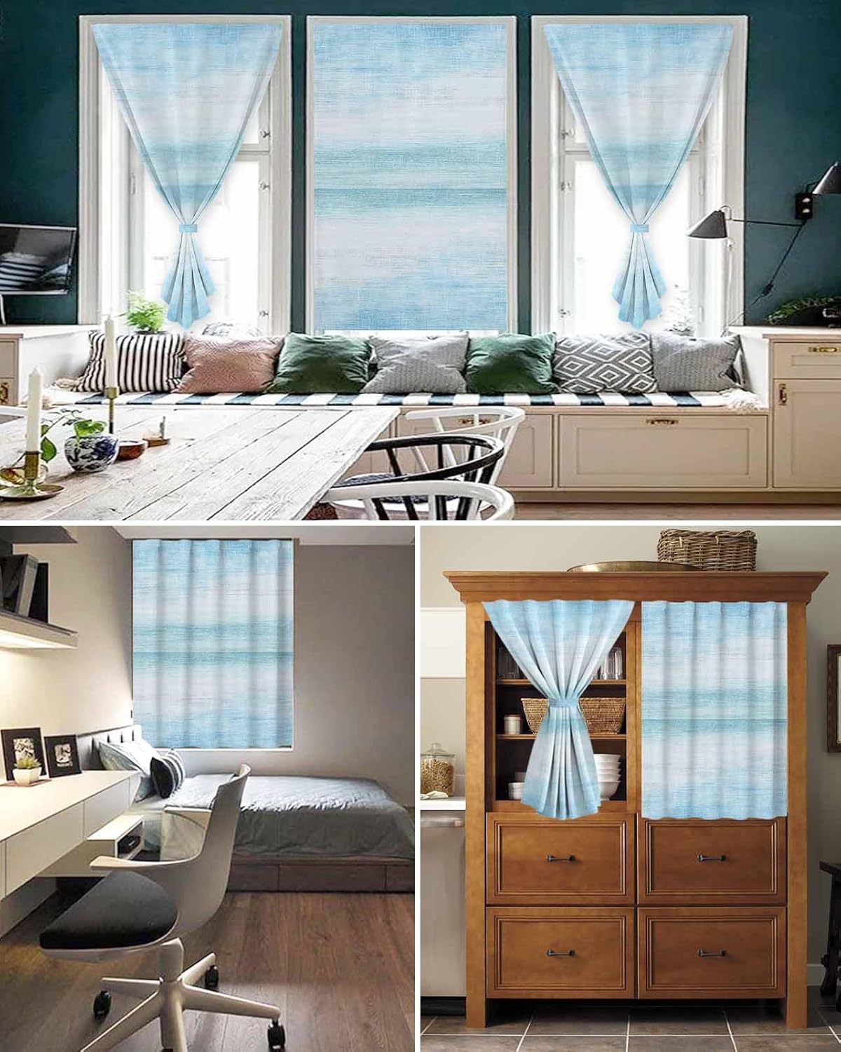 Gradient Aqua Blue Self Adhesive Curtains for Windows