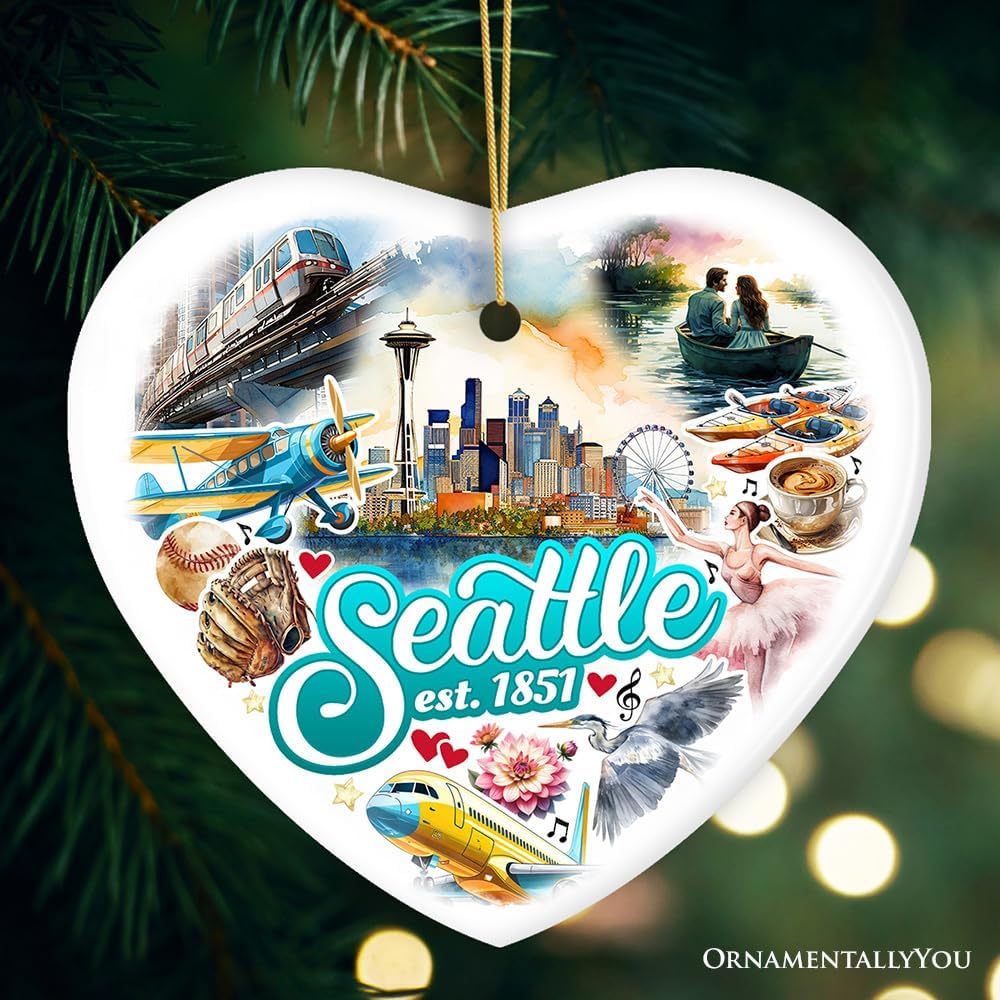 Unique Seattle Watercolor Ceramic Ornament Heart Shape