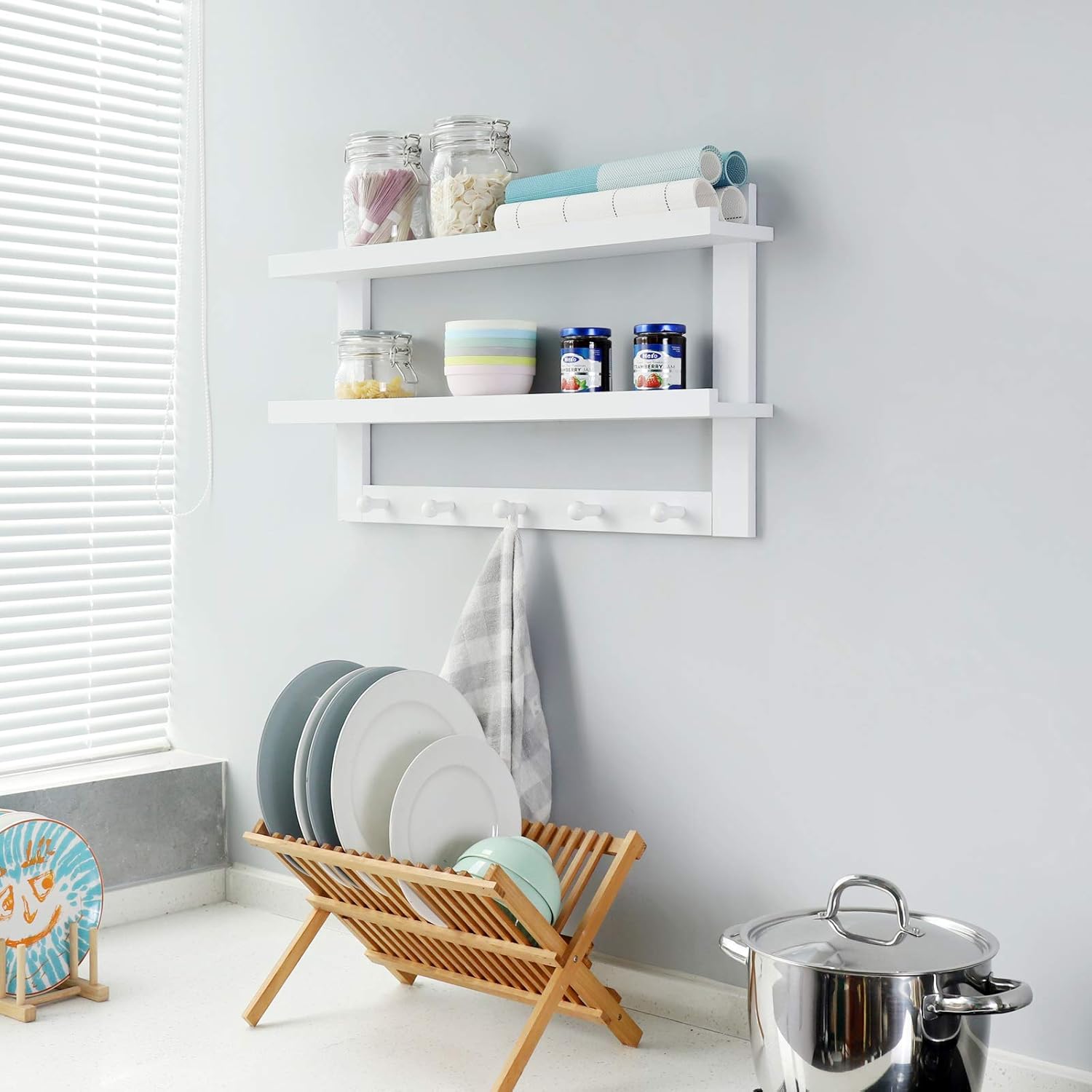 WELLAND 2 Tiers Floating Wall Shelf with 5 Hooks White