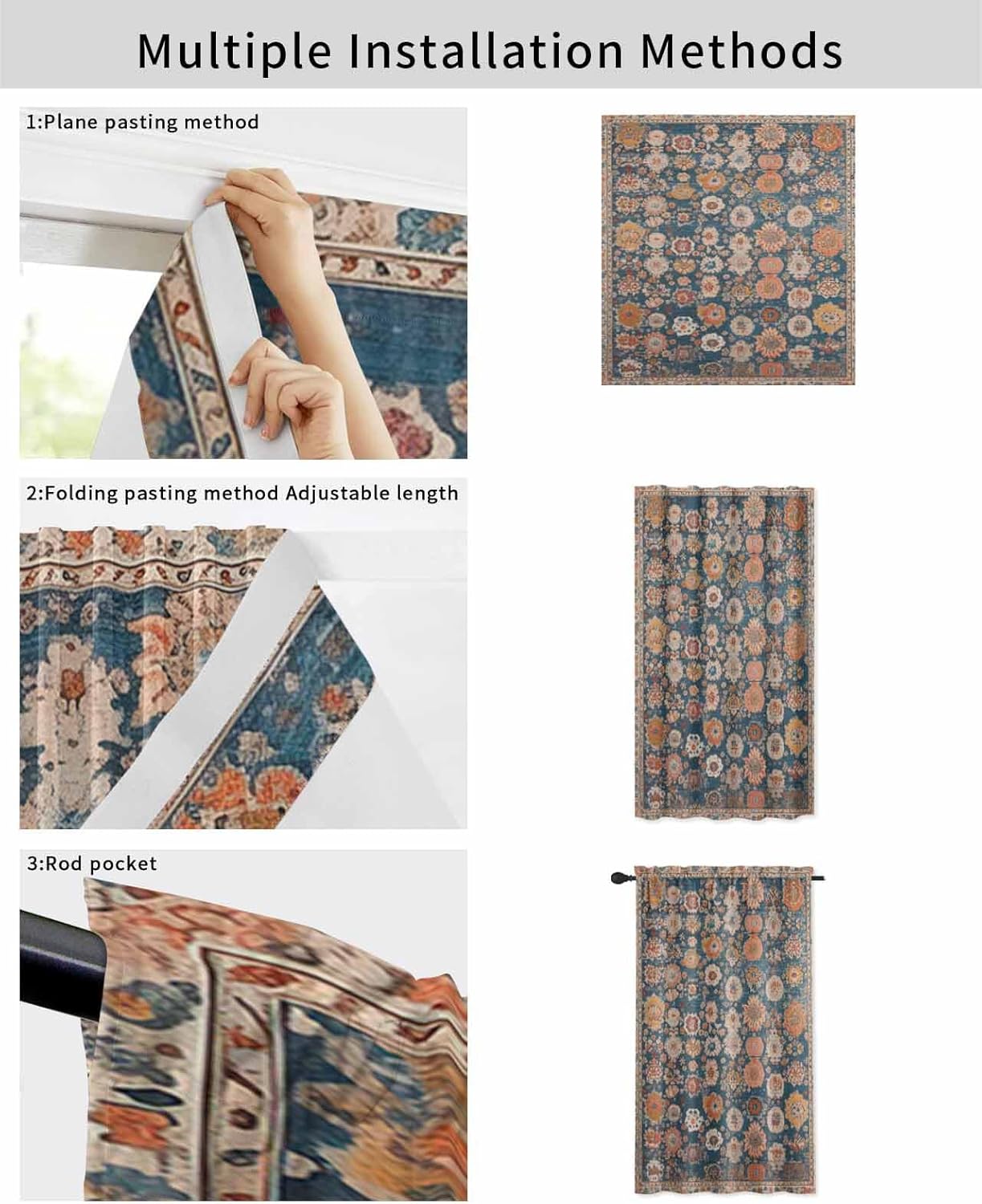 Blue Flower Print Self Adhesive Blackout Curtains for Windows