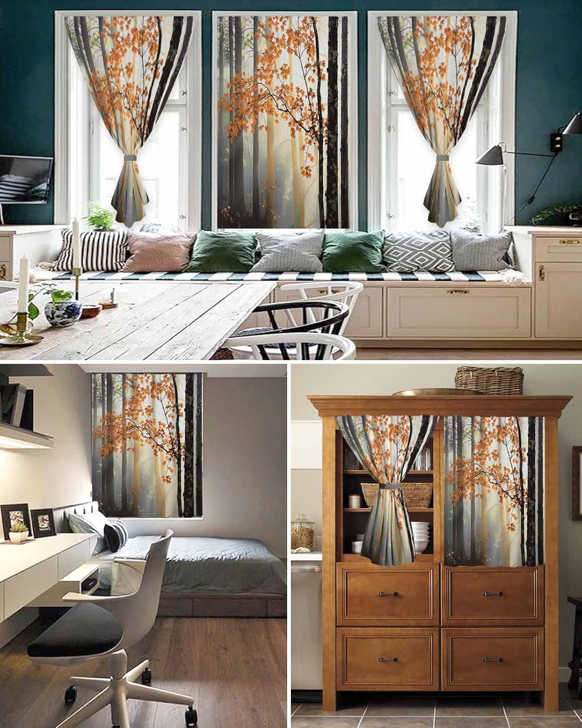 Orange Botanical Self Adhesive Blackout Curtains for Windows