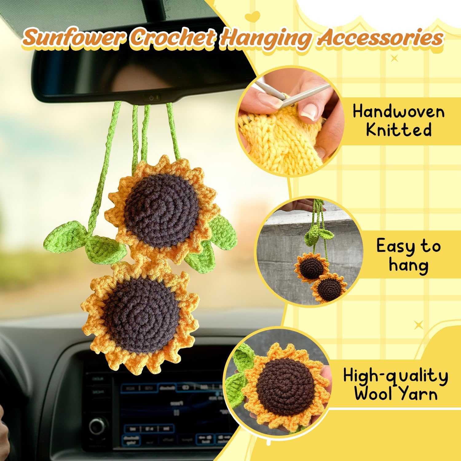 Handmade Crochet Daisy Car Hanging Decor Set