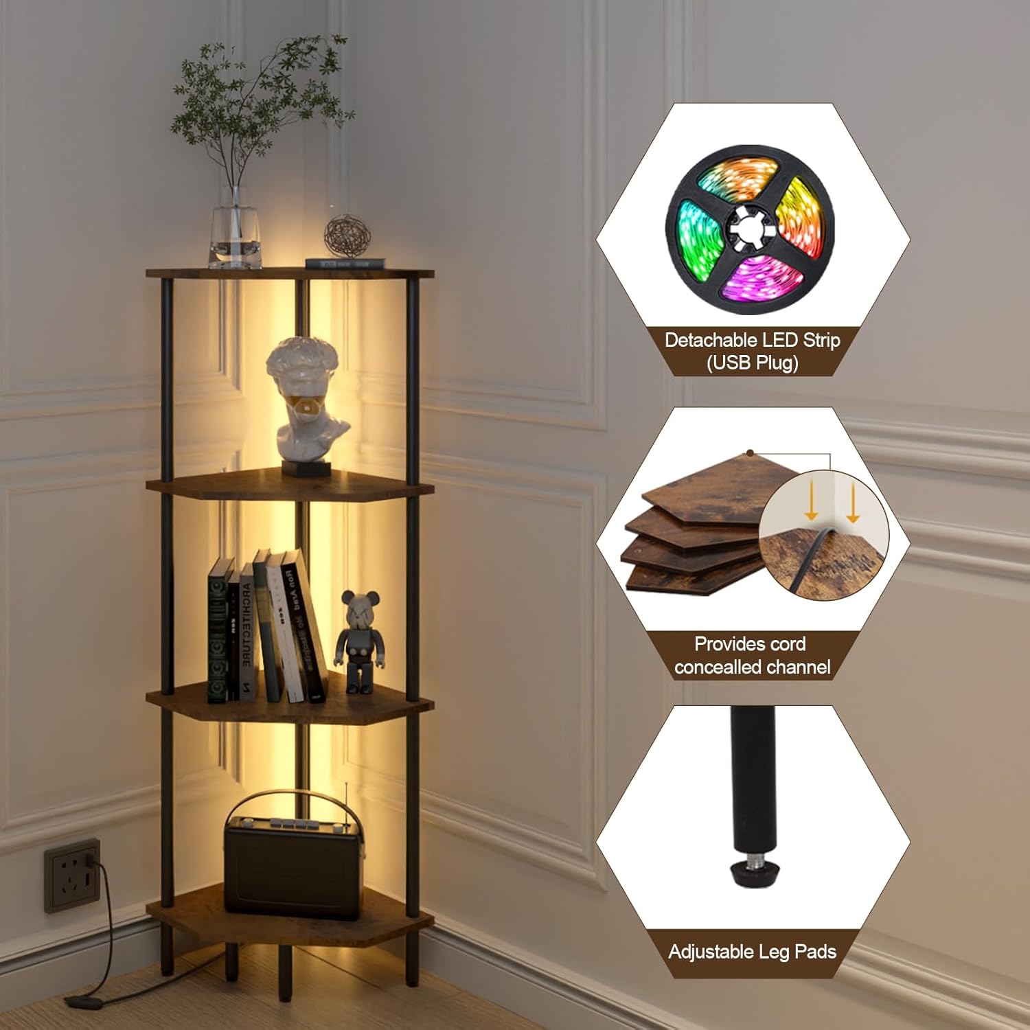 4 Tier Corner Shelf with LED Light and Storage