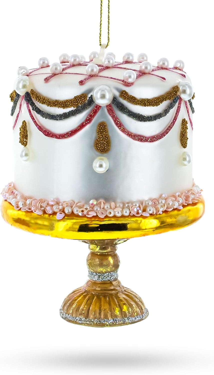Pearl Adorned Celebration Cake Glass Christmas Ornament