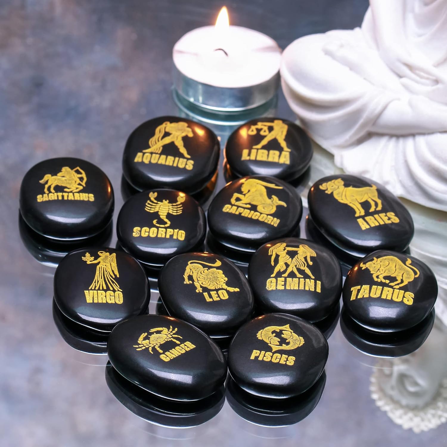 ZAICUS Black Agate Zodiac Symbols Stones Set of 12 for Reiki Healing