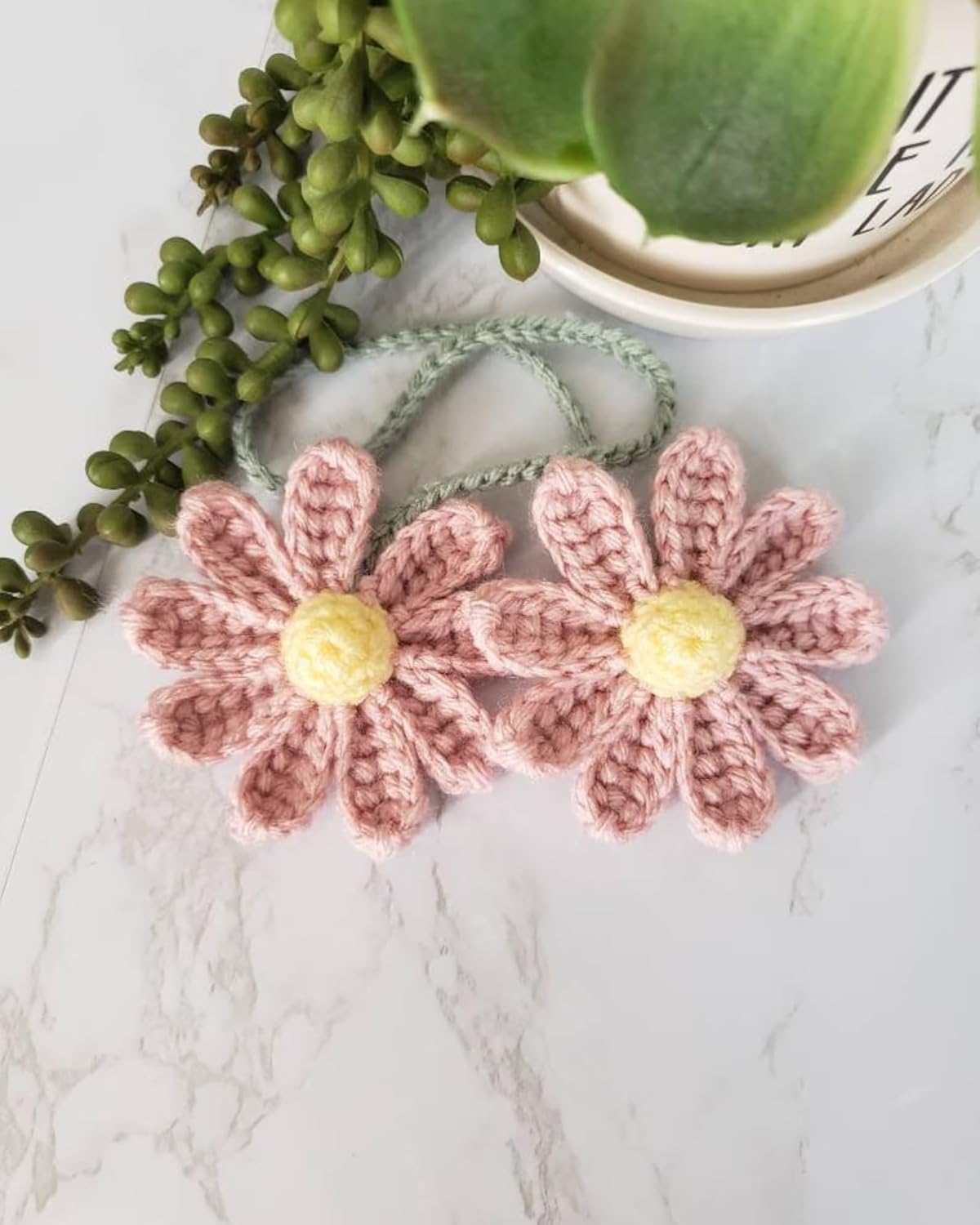 Crochet Daisy Car Accessory Hanging Charm Pink