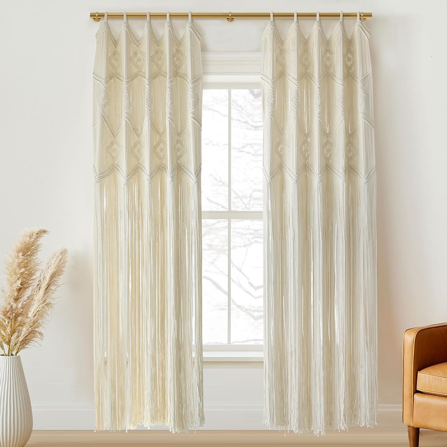 IOWER Macrame Curtains 2 Panels 50x75 3mm Cotton Boho Decor