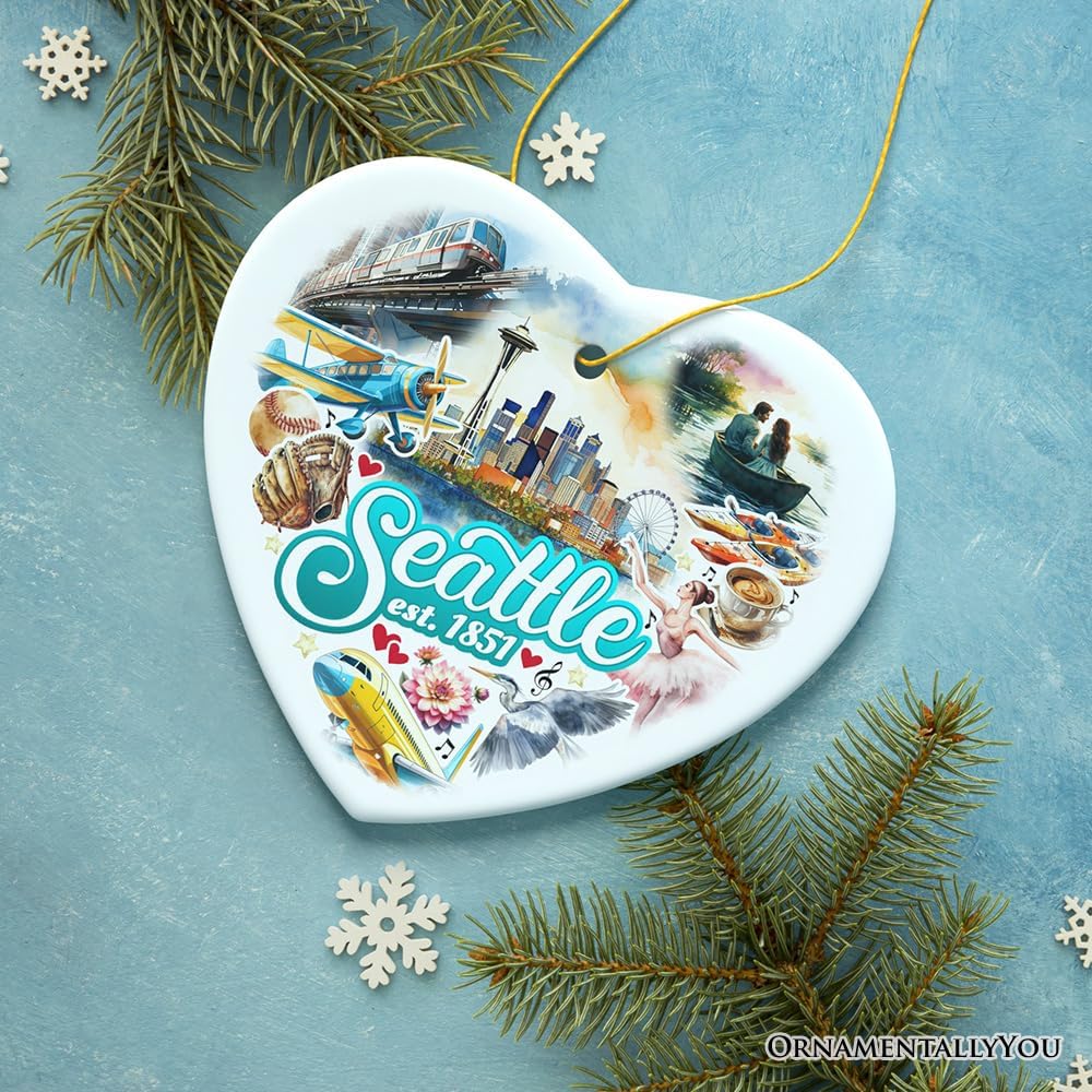 Unique Seattle Watercolor Ceramic Ornament Heart Shape