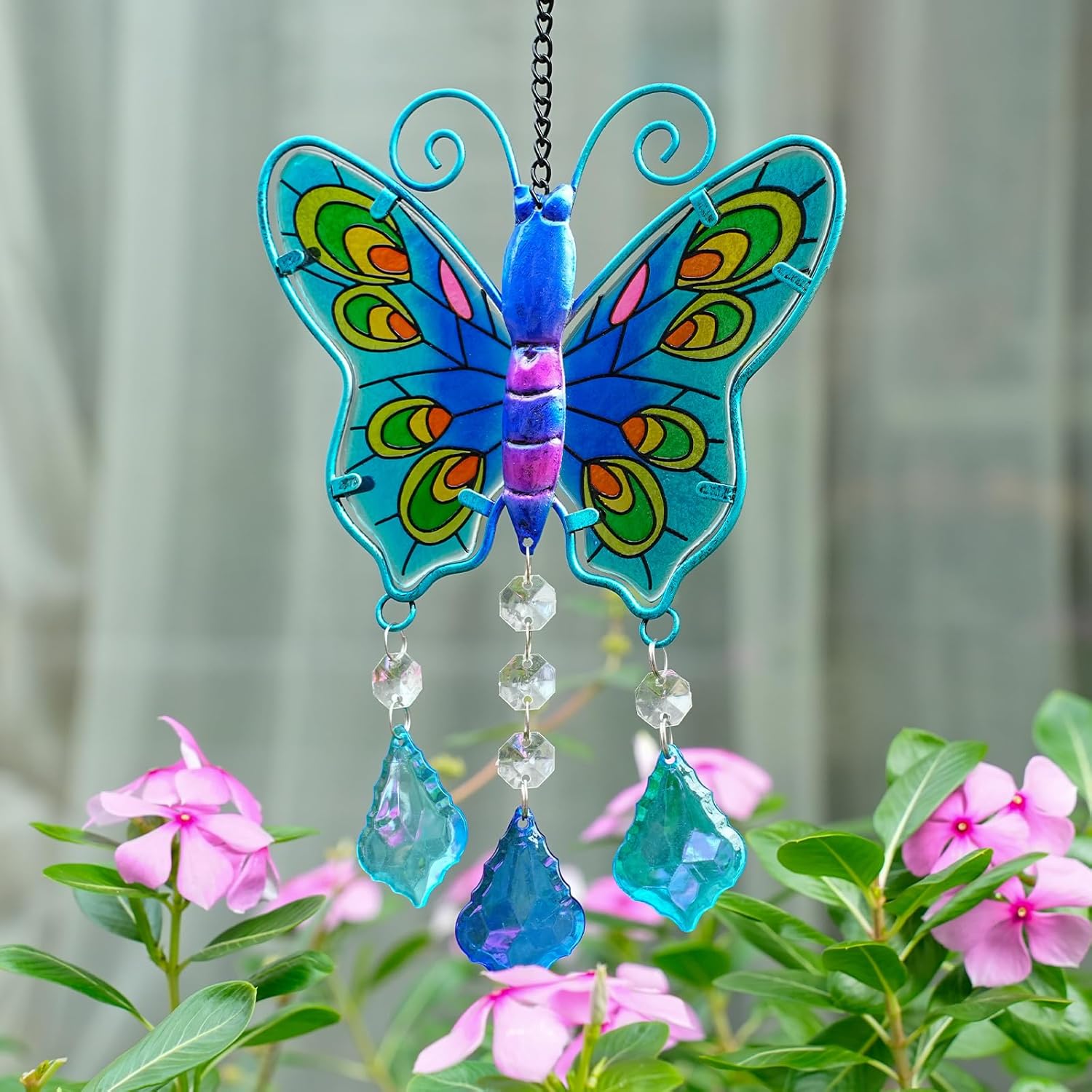 Butterfly Stained Glass Suncatcher with Chain Blue Decor