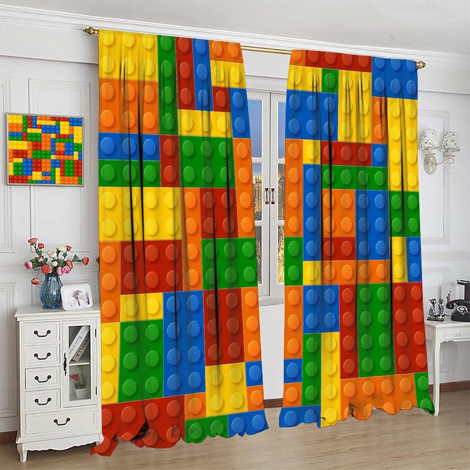 Colorful Building Blocks Toy Curtains with Rod Pocket