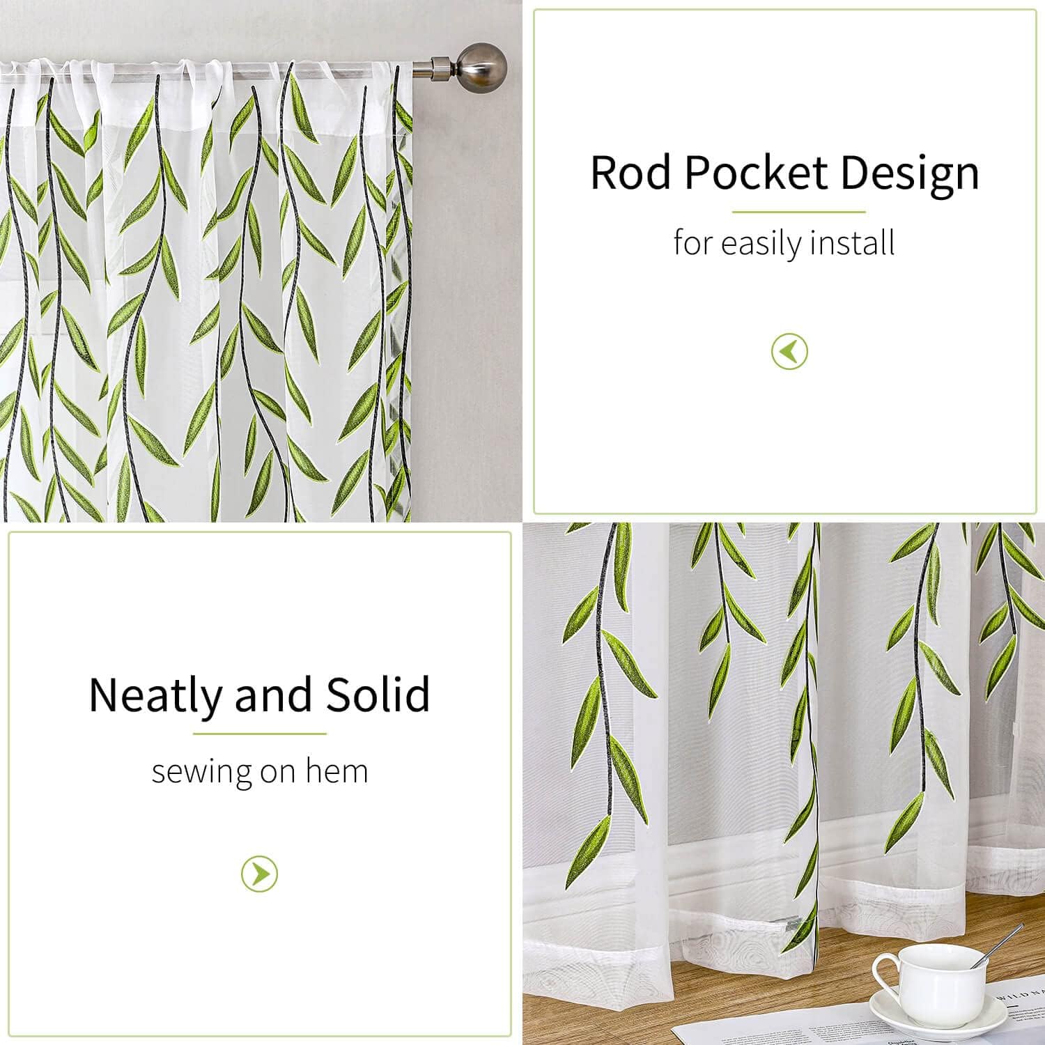 BROSHAN Green Pattern Sheer Curtains 2 Panels 78 Inches