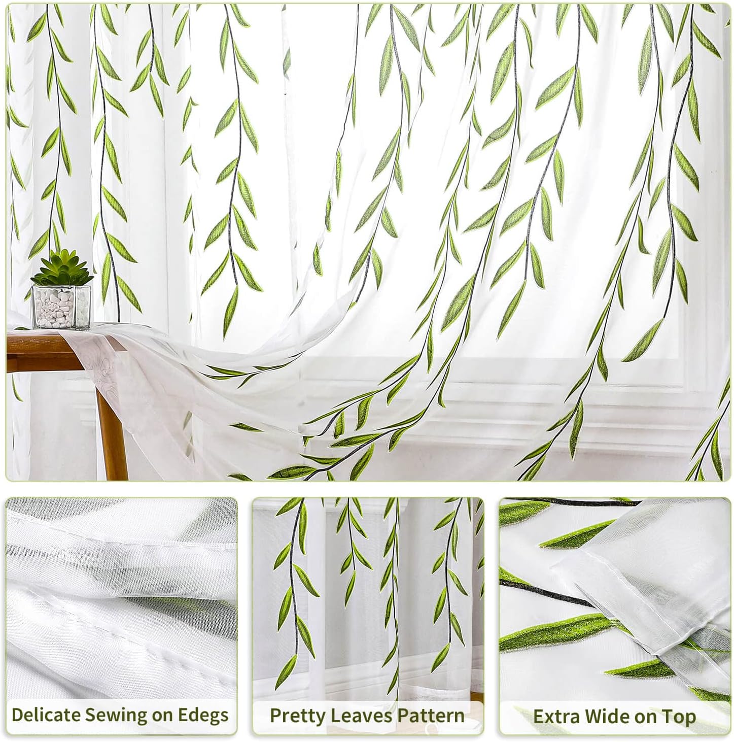 BROSHAN Green Pattern Sheer Curtains 2 Panels 78 Inches