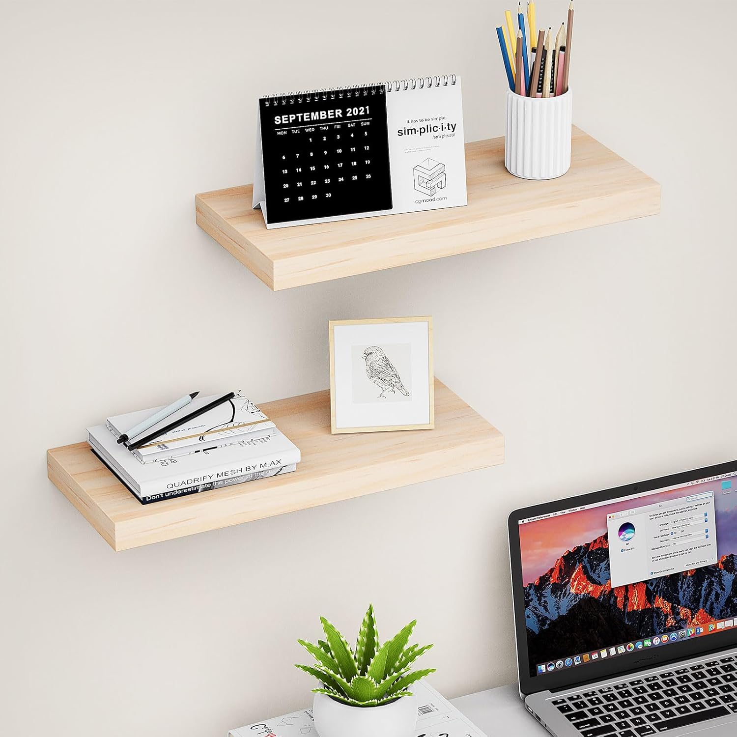 MIAGLACE Floating Shelves Set of 2 Natural Pine Wood