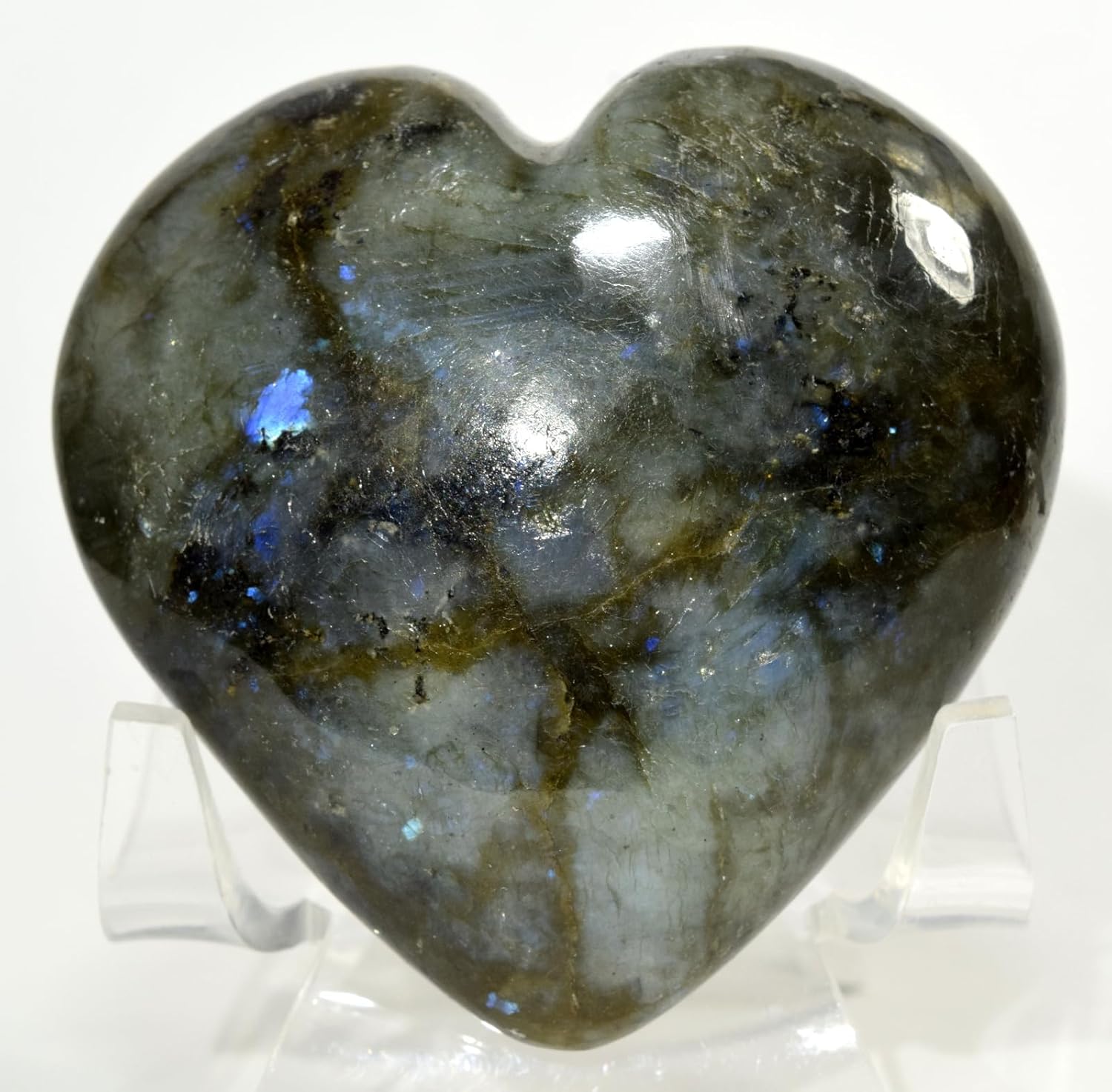 Blue Flash Labradorite Heart 60mm Gemstone Decor with Stand