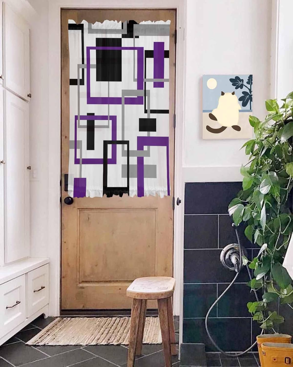 Purple Black Geometric French Door Curtain with Tieback