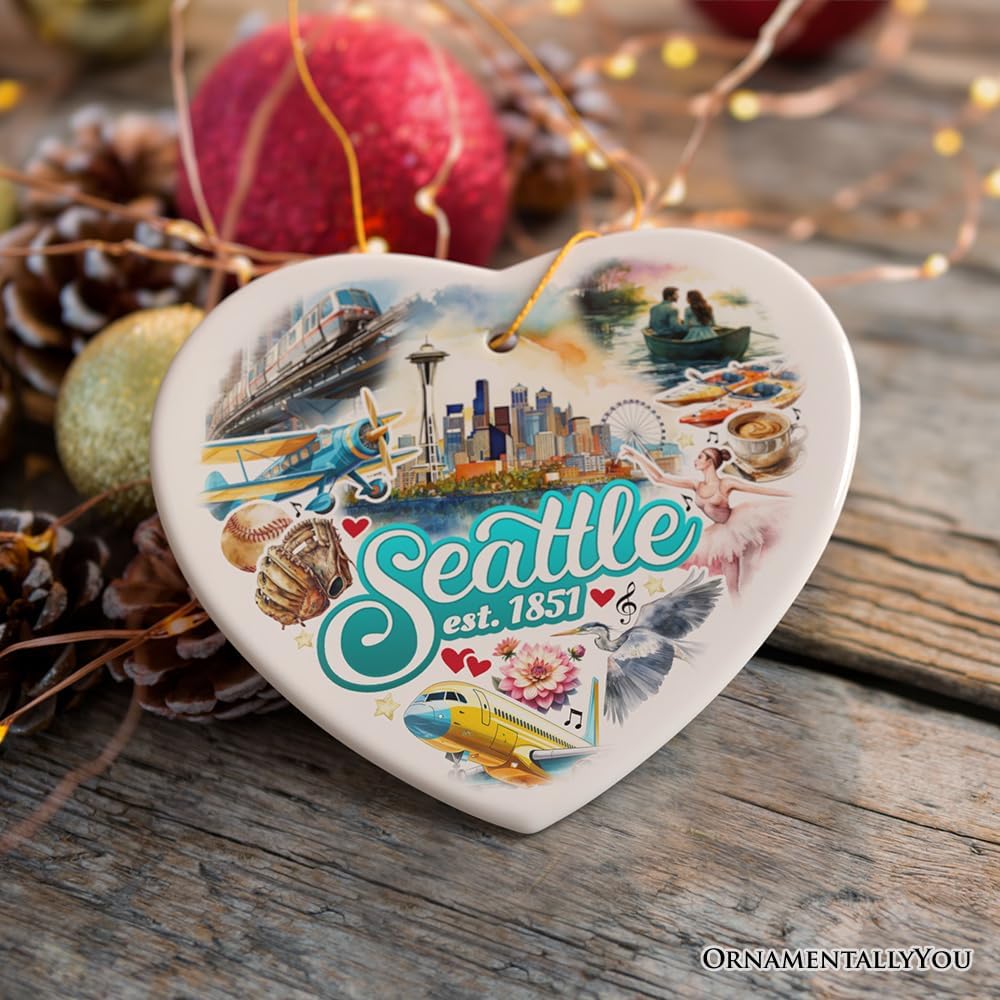 Unique Seattle Watercolor Ceramic Ornament Heart Shape