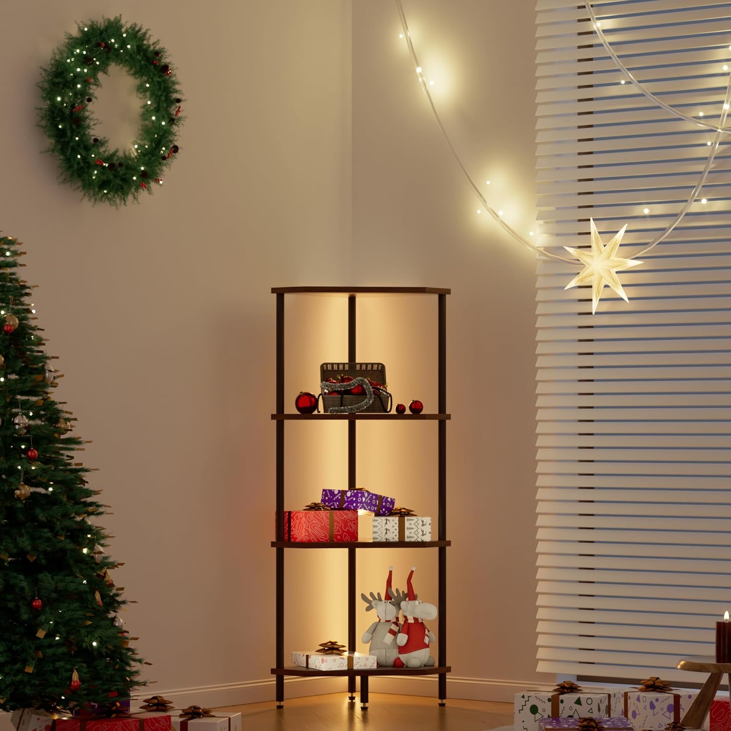 4 Tier Corner Shelf with LED Light and Storage