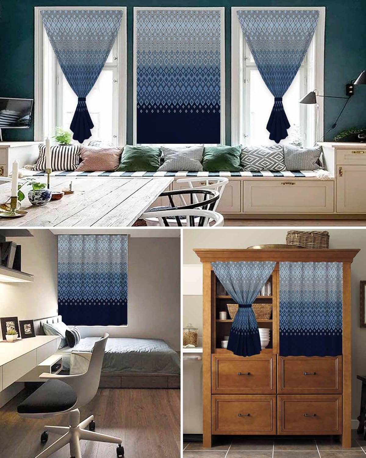 Yomandocix Blue Grey Ombre Geometric Self Adhesive Curtains 47x63 Inches