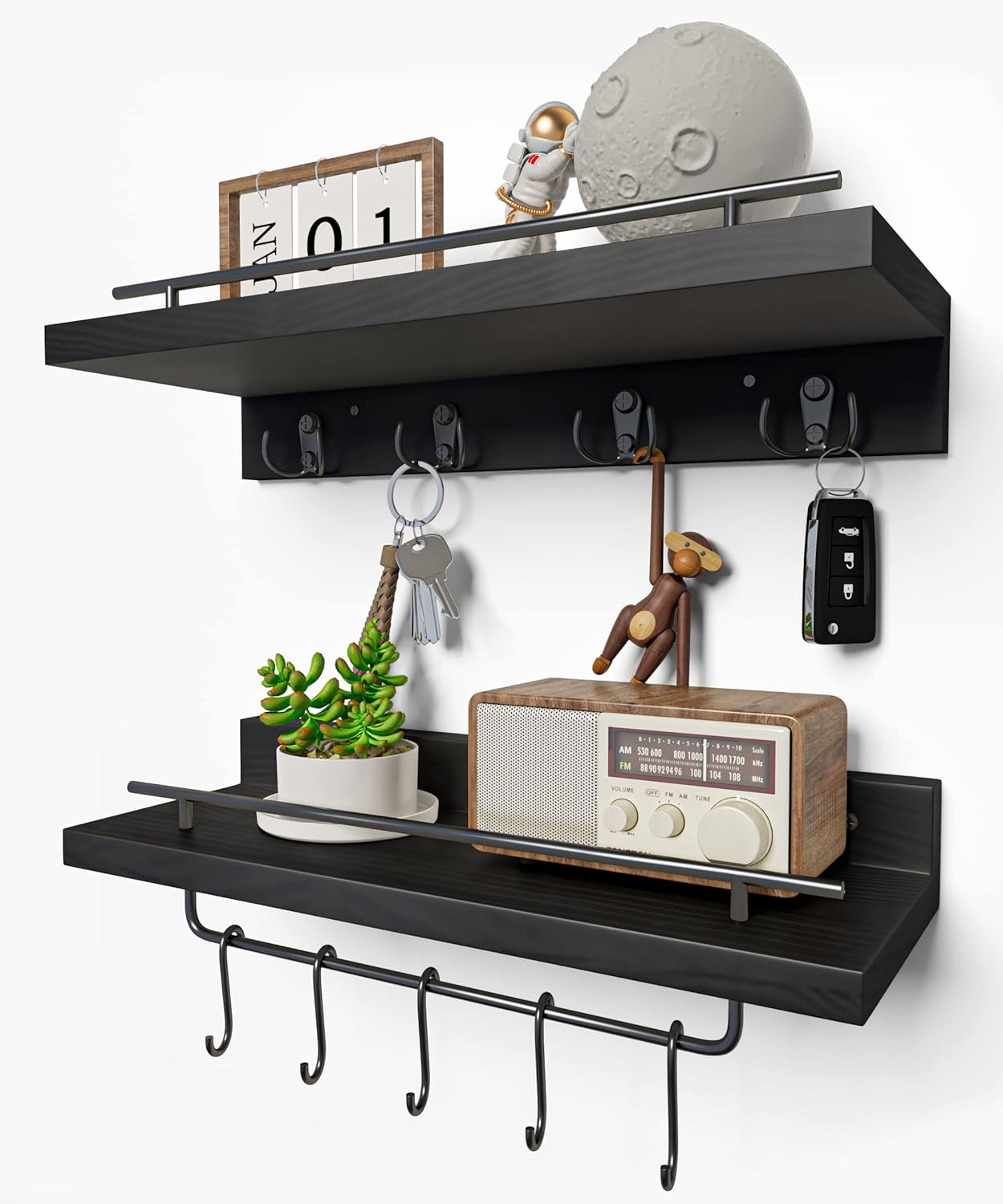 Wood Floating Shelves with 9 Hooks Black Set of 2