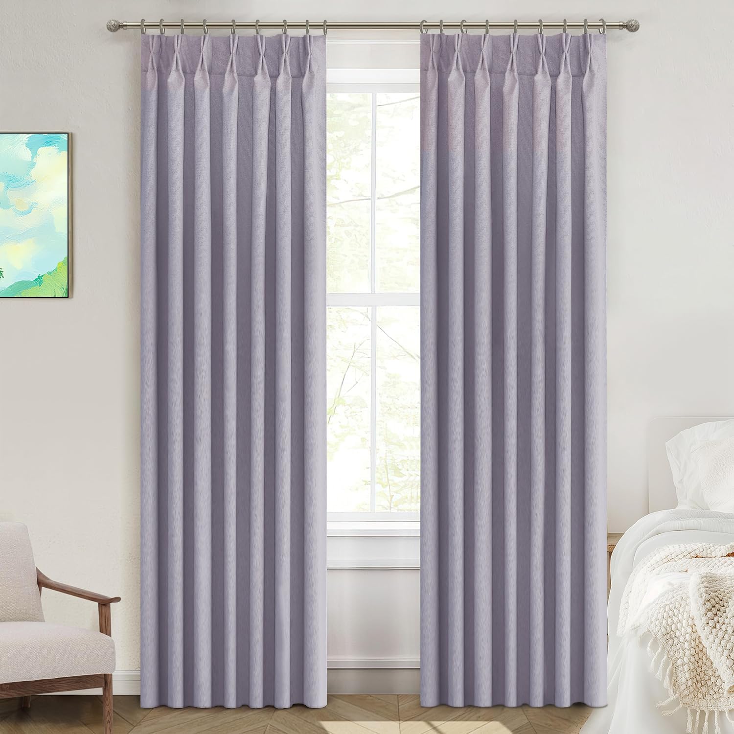Light Grey Blackout Pinch Pleated Linen Curtains 2 Panels Set