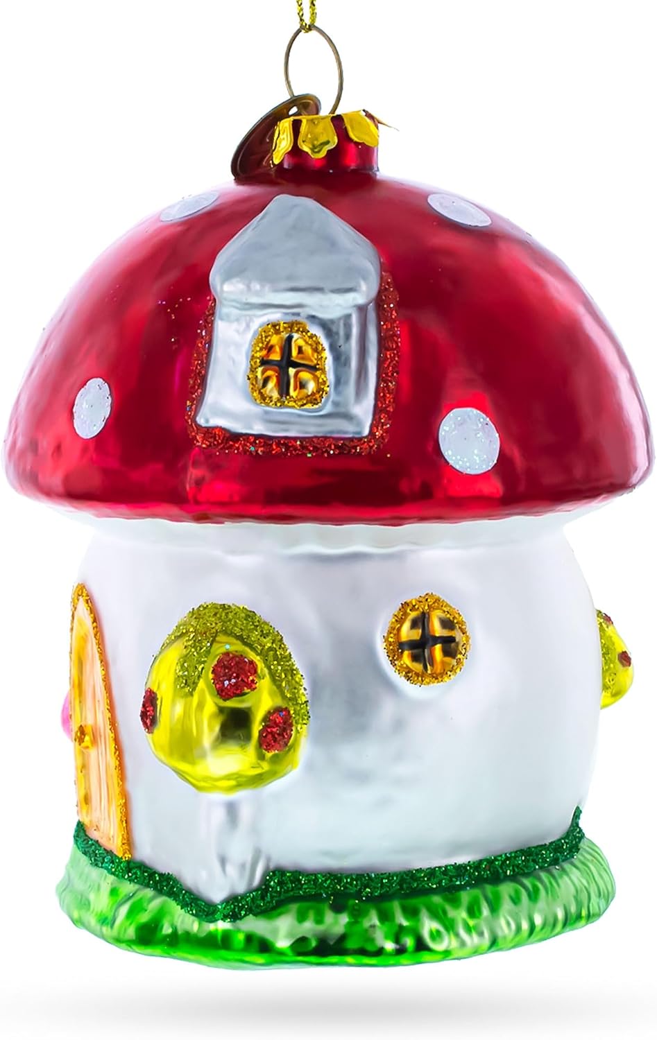 Whimsical Fairy Tale Mushroom House Glass Christmas Ornament 1
