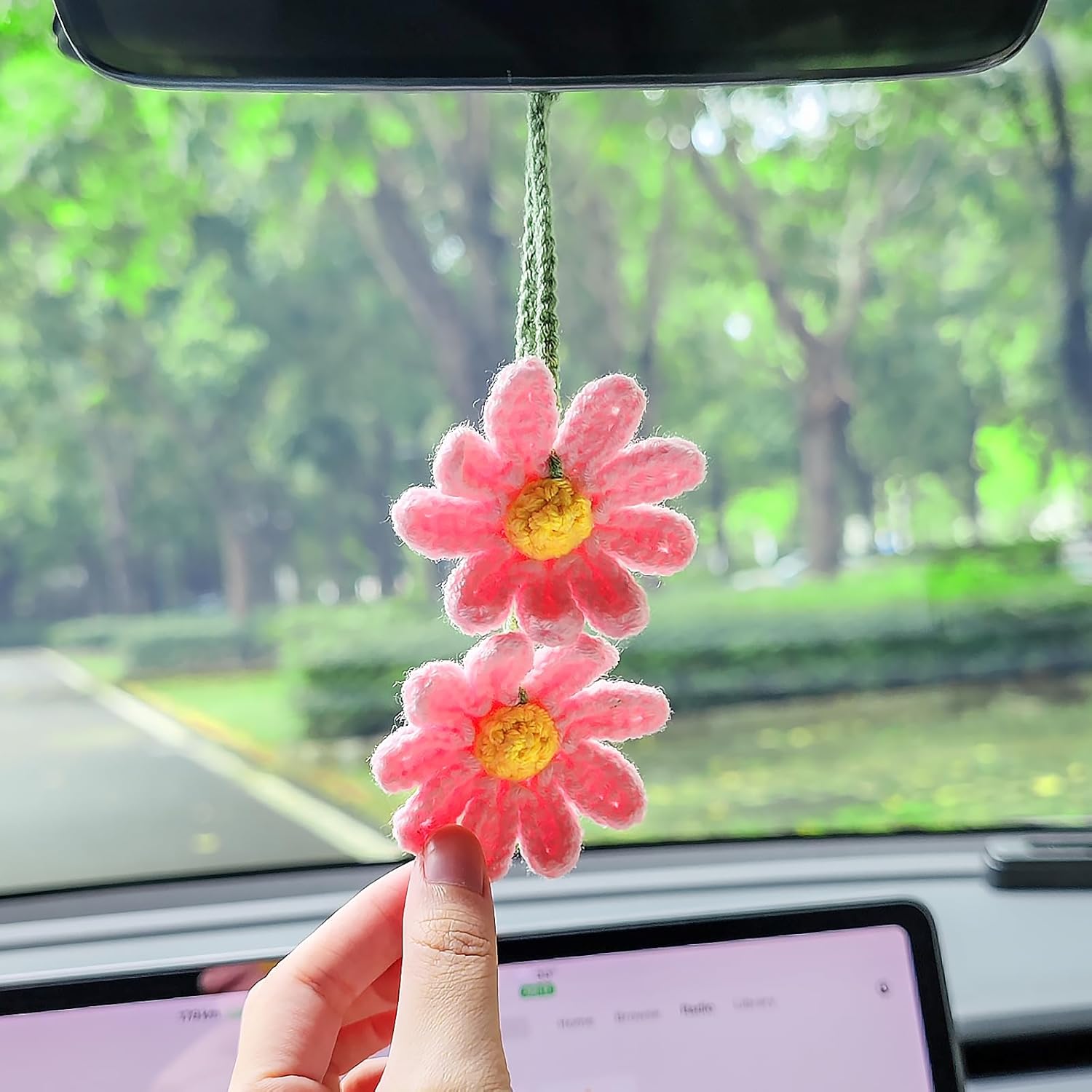 Cute Crochet Double Daisy Rear View Mirror Accessory