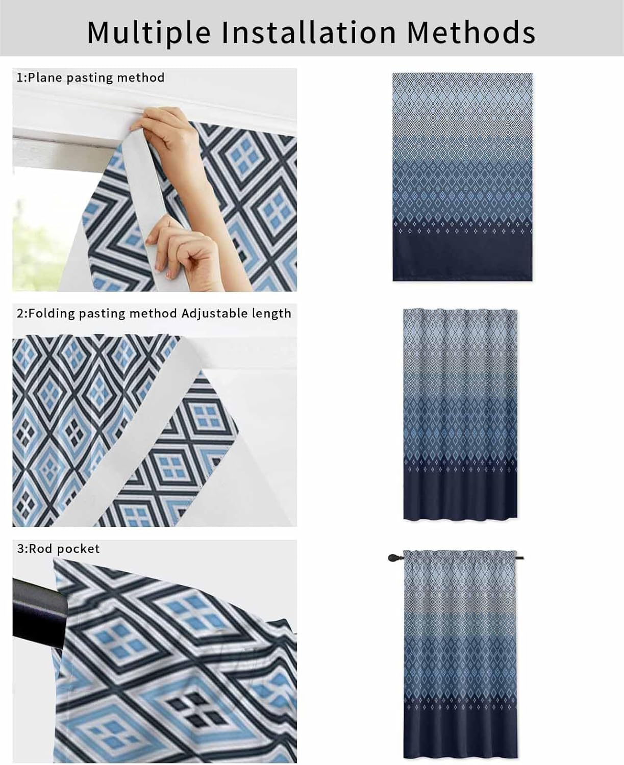 Yomandocix Blue Grey Ombre Geometric Self Adhesive Curtains 47x63 Inches