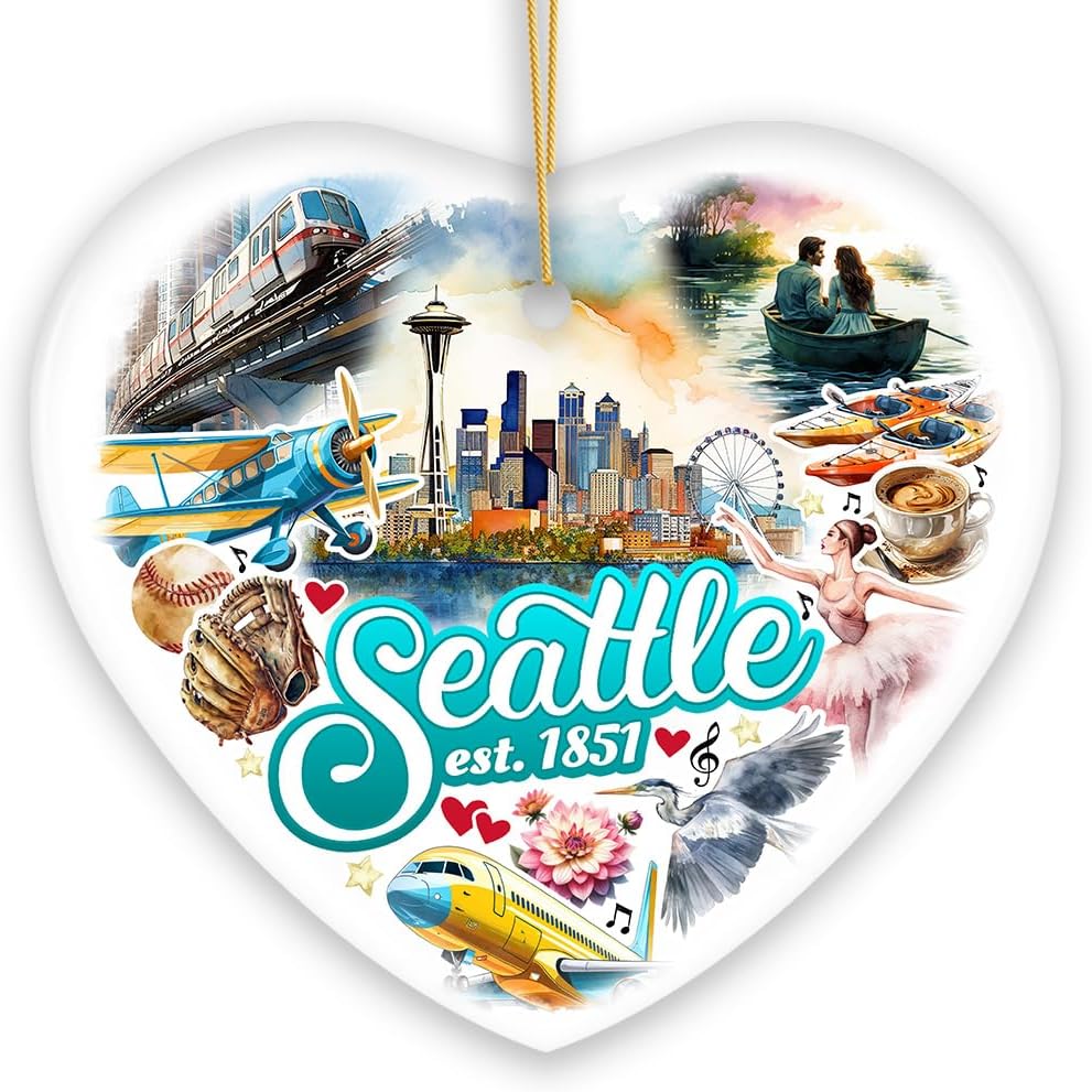 Unique Seattle Watercolor Ceramic Ornament Heart Shape