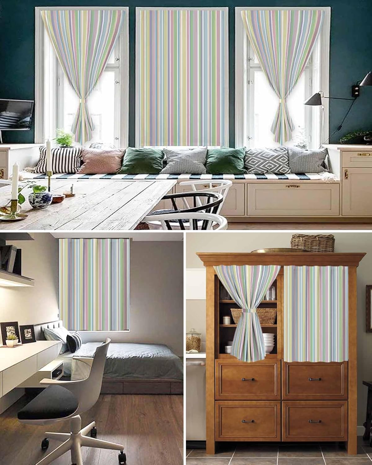 Rainbow Striped Self Adhesive Curtains for Windows 59x84 Inches