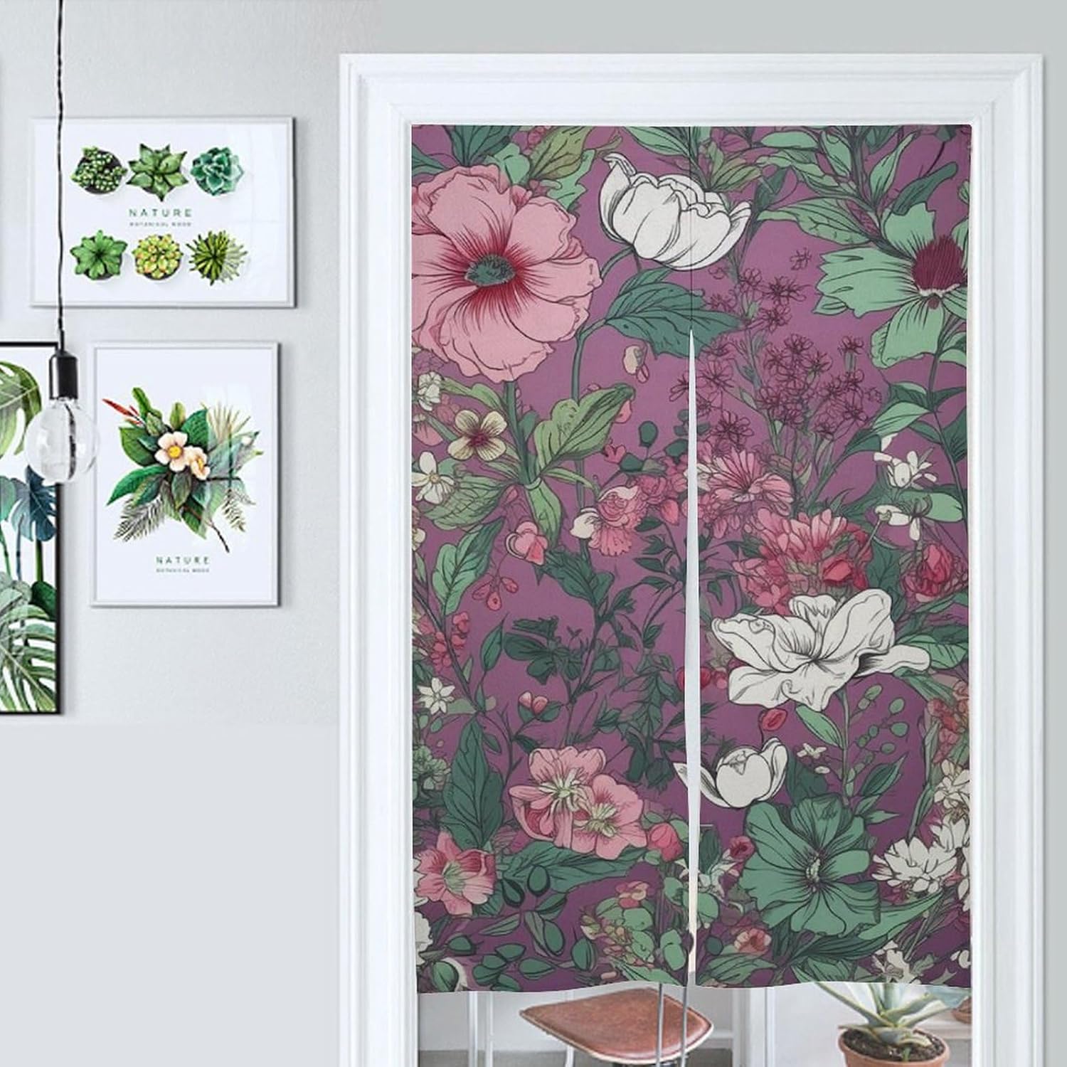 Japanese Noren Door Curtain with Green Flowers Design