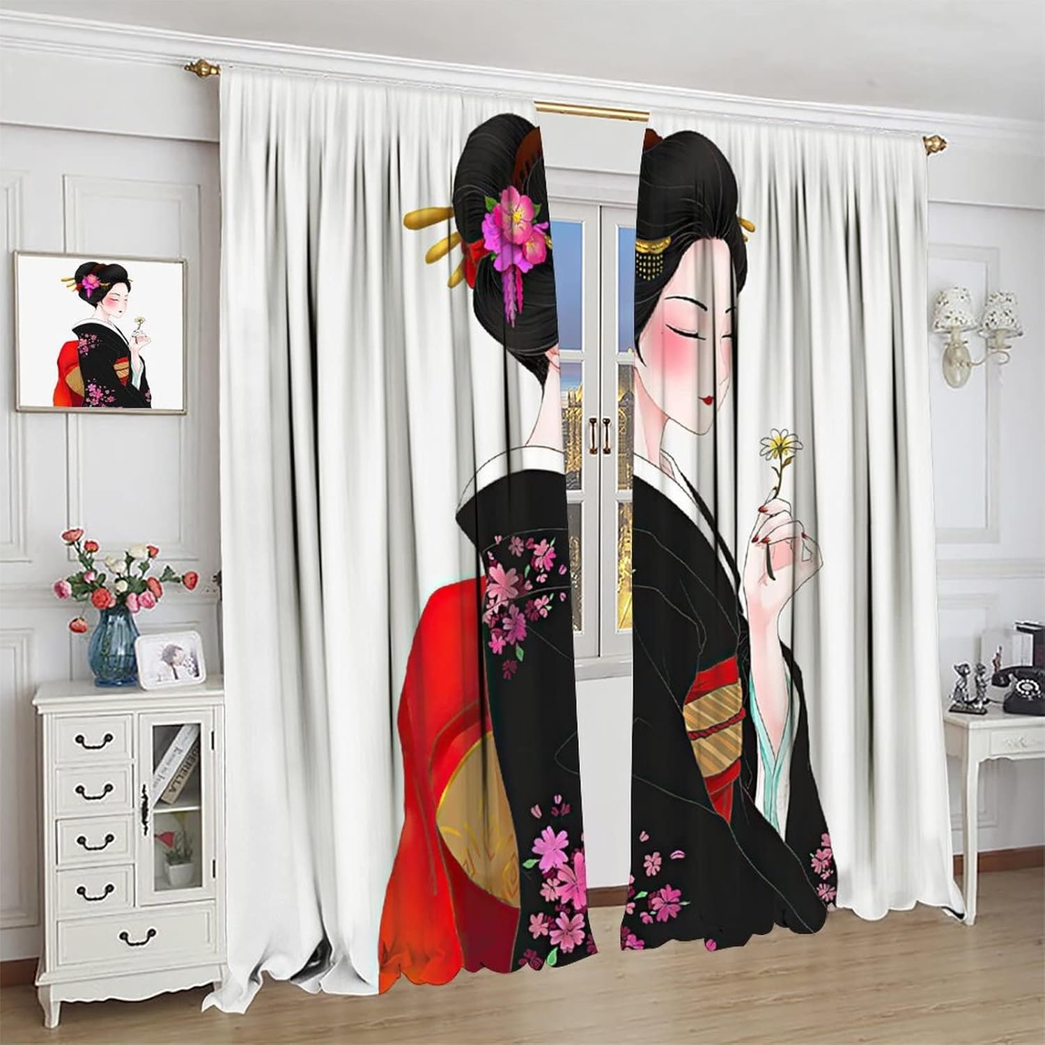 Japanese Curtain Kyoto Geisha Girls Cherry Blossom Window Art Curtain Panels 42x54in