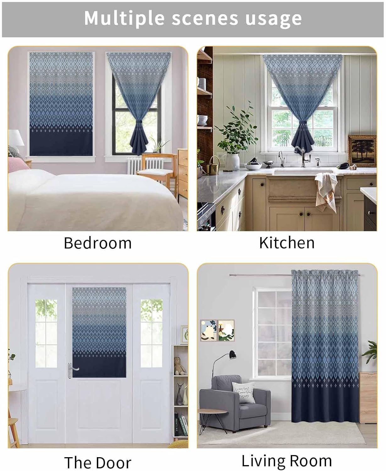 Yomandocix Blue Grey Ombre Geometric Self Adhesive Curtains 47x63 Inches