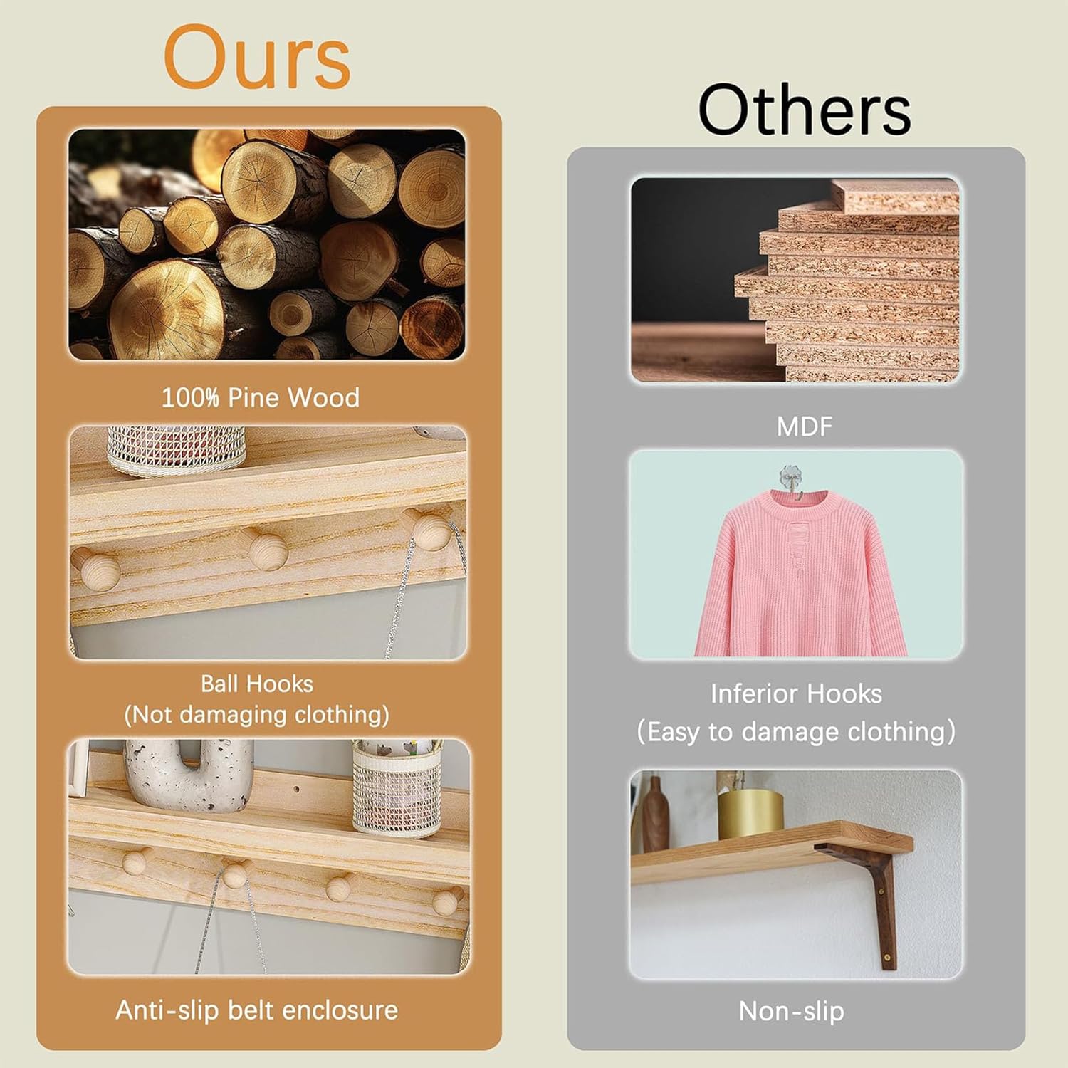 MBYD 36 Inch Floating Wood Shelf With Hooks