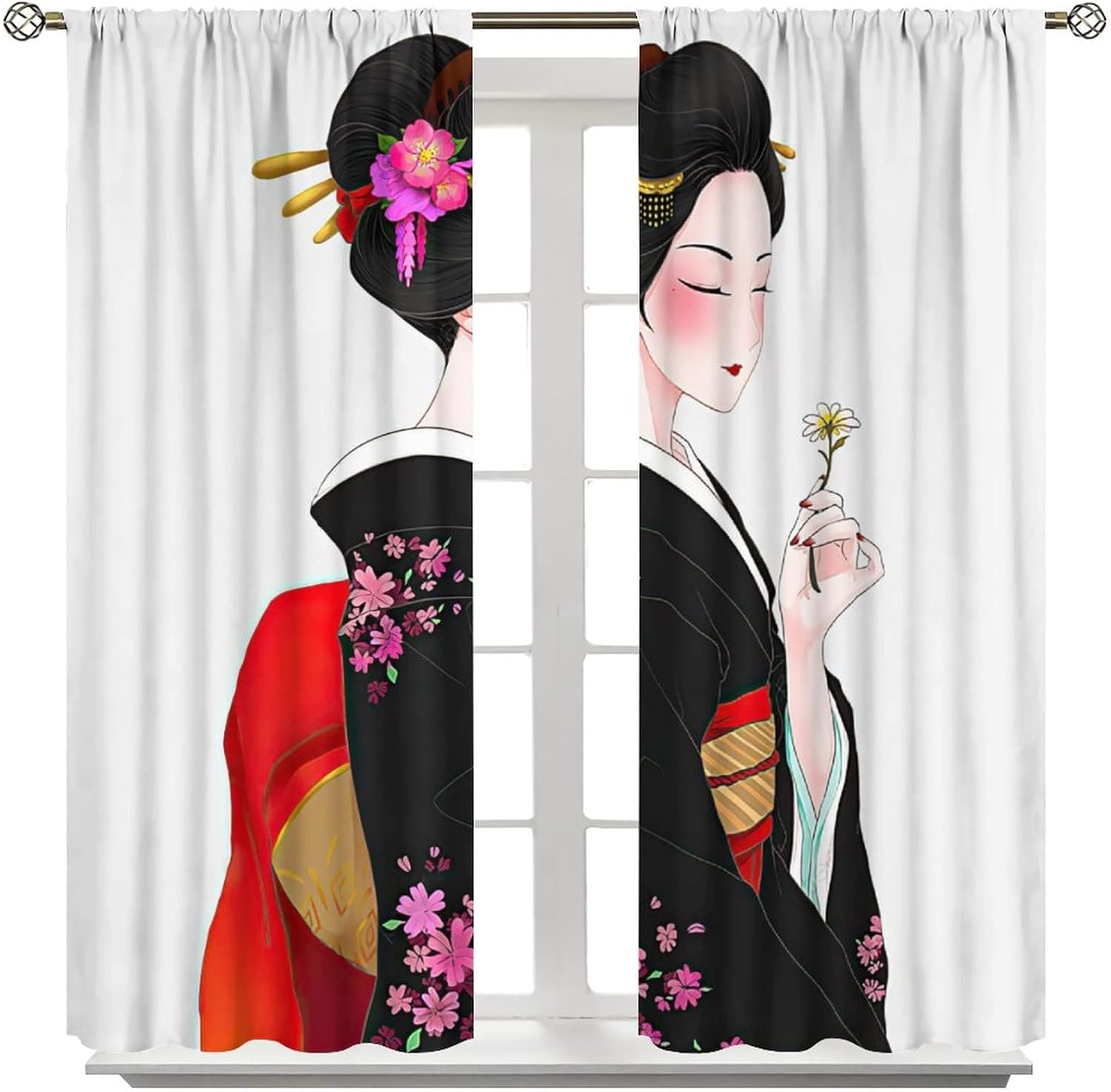 Japanese Curtain Kyoto Geisha Girls Cherry Blossom Window Art Curtain Panels 42x54in