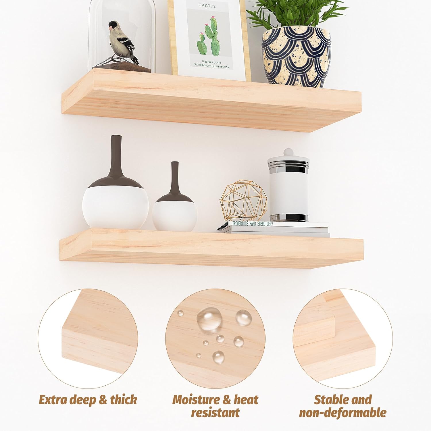 MIAGLACE Floating Shelves Set of 2 Natural Pine Wood