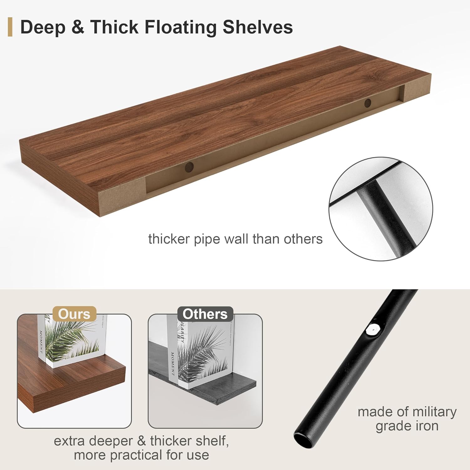 12 Inch Deep Floating Shelf Wall Mount Walnut Set of 1
