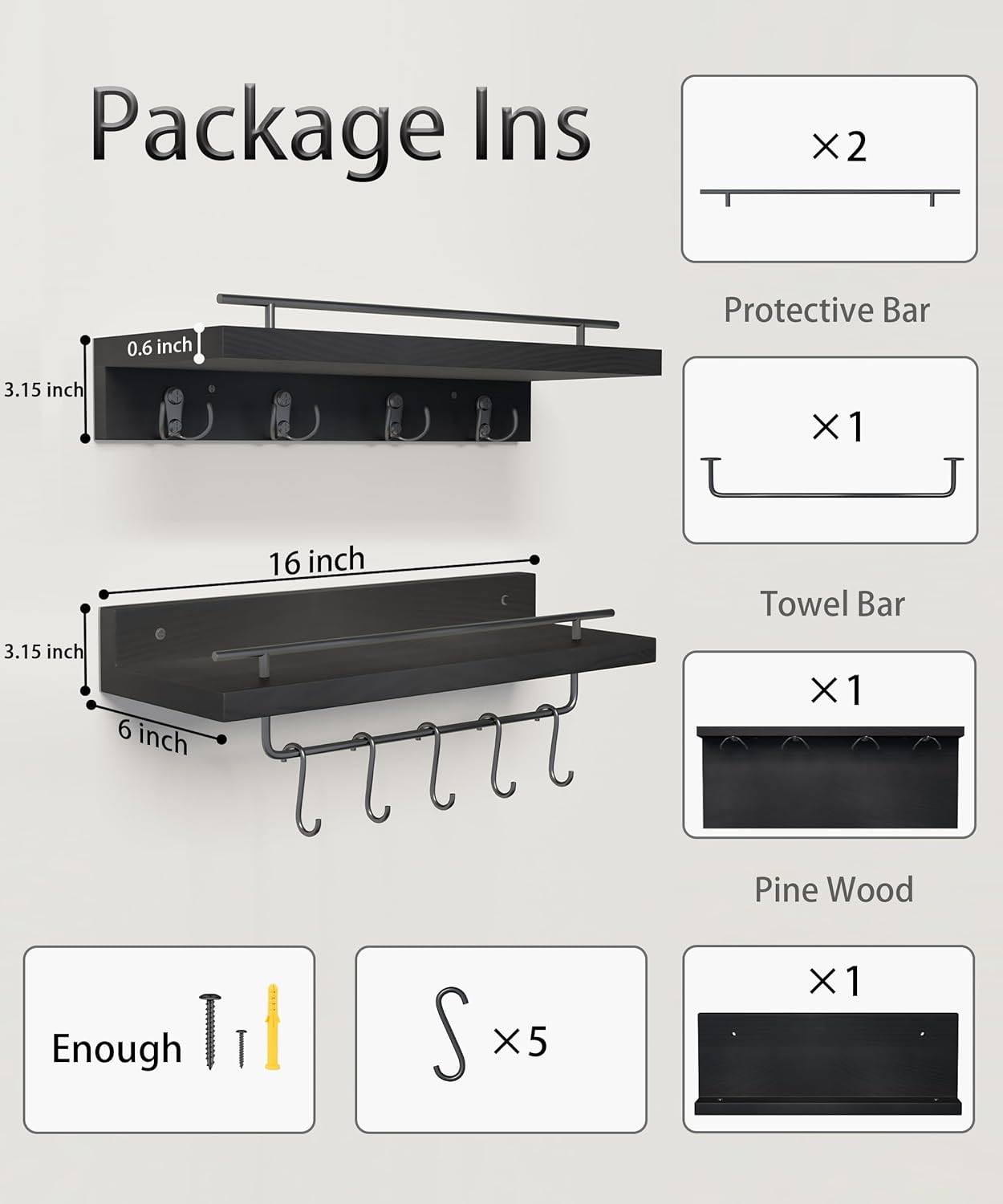 Wood Floating Shelves with 9 Hooks Black Set of 2