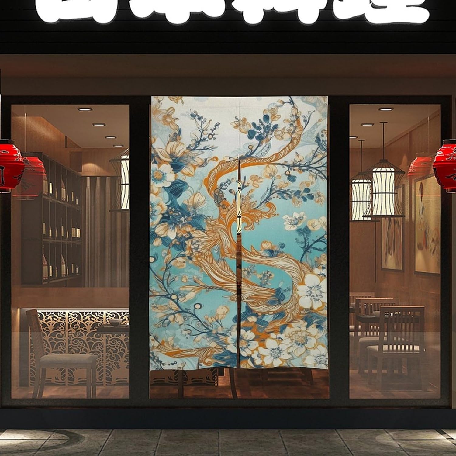 Japanese Noren Door Curtain with Trees and Flowers Print