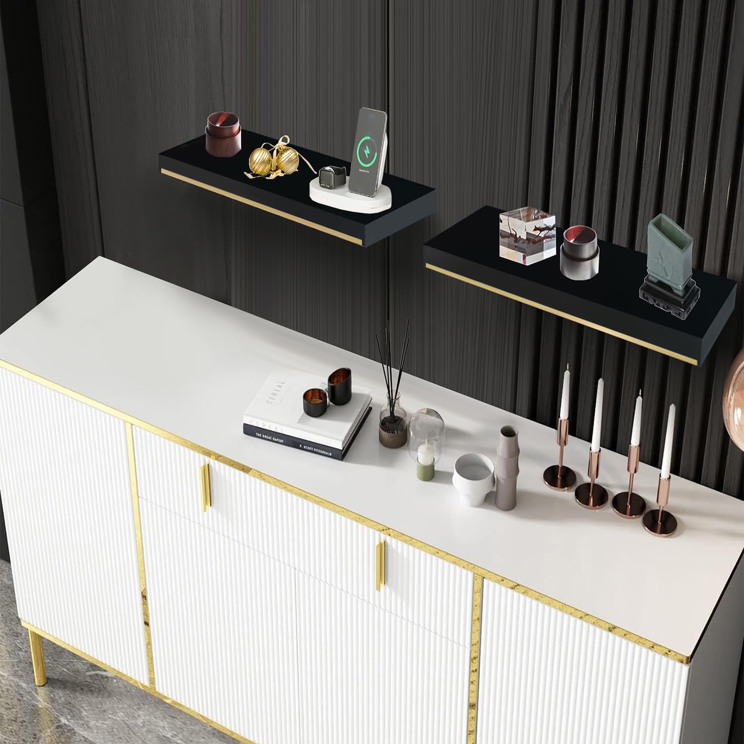 Thick 178 in Black and Gold Floating Shelves Set of 2
