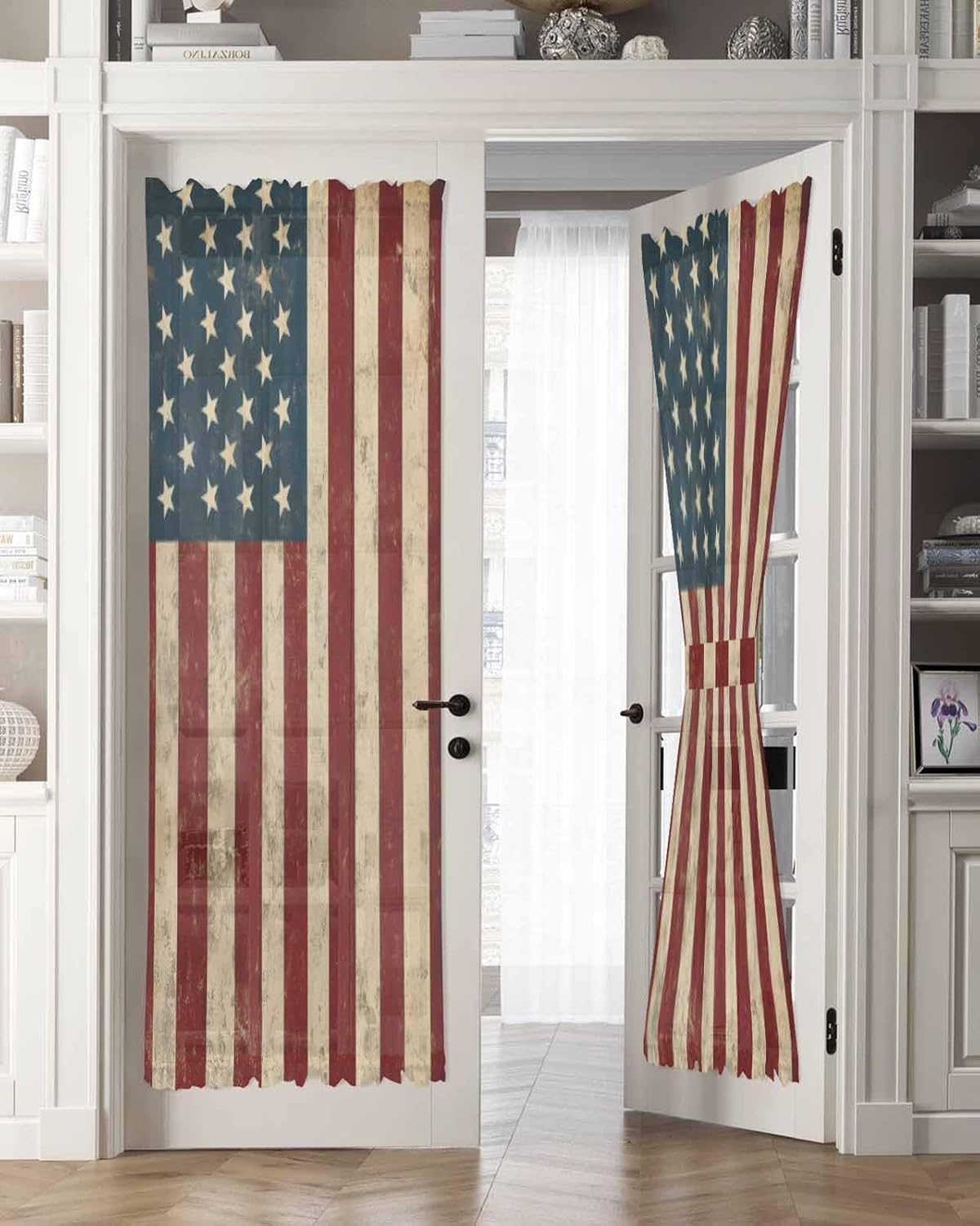 Retro Red Blue American Flag Door Curtain with Tieback