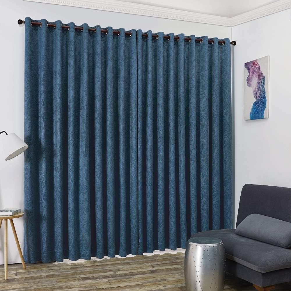 Blue Teal Embossed Wall to Wall Room Divider Curtains with Tie-Backs