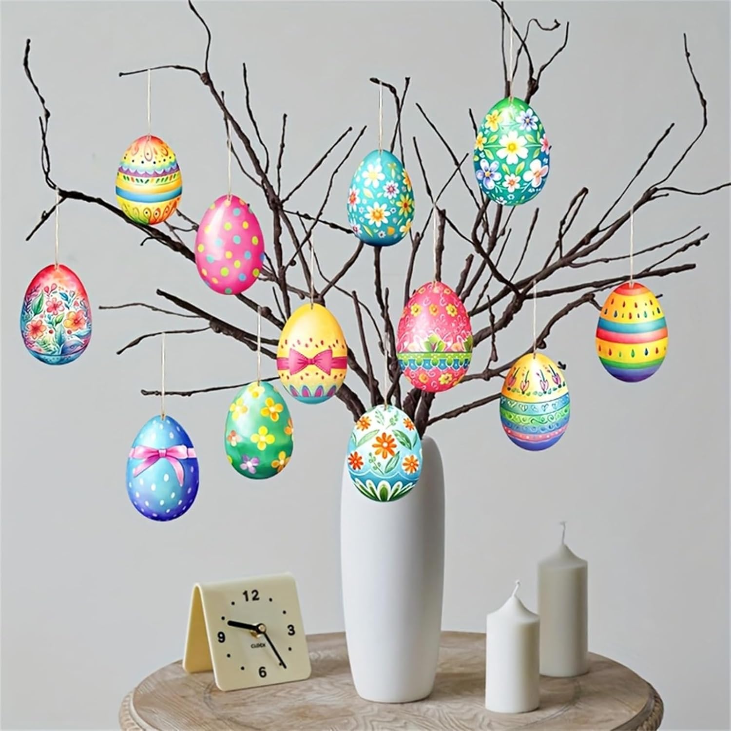 Wooden Easter Egg Hanging Decorations 12Pcs Set