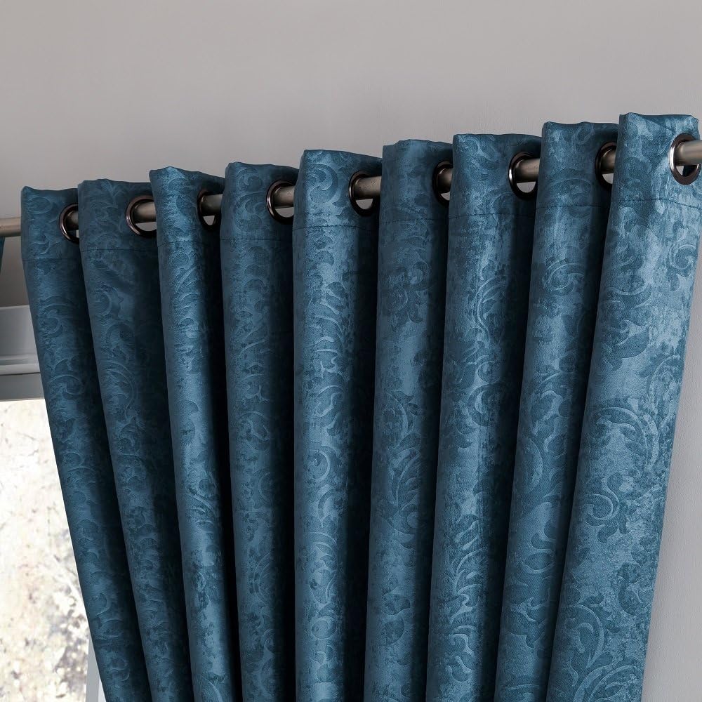Blue Teal Embossed Wall to Wall Room Divider Curtains with Tie-Backs